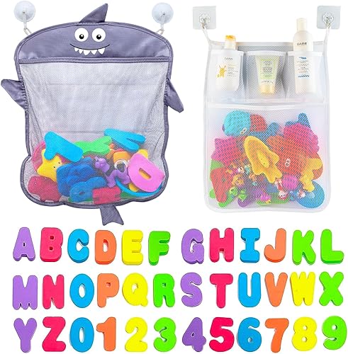 Comfylife Organizador de juguetes de baño para bebé, tiburón, 36 letras y números de baño, red de almacenamiento de juguetes de baño adicional y 10