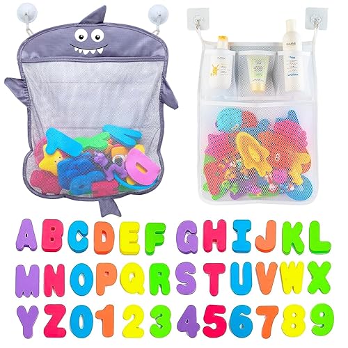 Comfylife Baby Bath Toy Organizer - Shark +36 Bath Letters & Numbers +Extra Bath Toy Storage Net & 10 Strong Hooks, Great Bath Net for Kids, Cute Bathtub Toy Organizer and Bath/Shower Caddy Solution