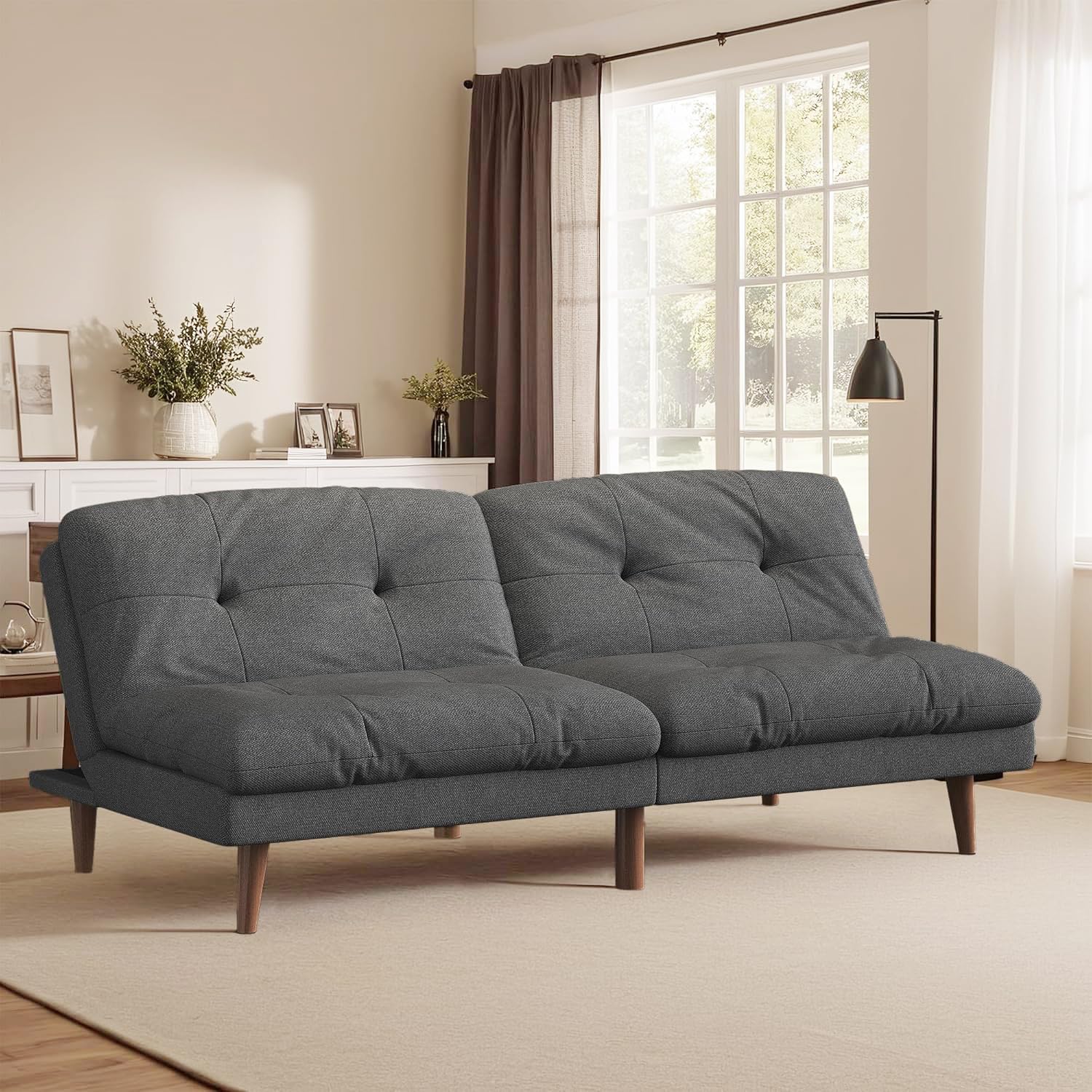 Homall 67'' Futon Couch, Modern Futon Sofa Bed with Adjustable Backrest | Convertible Sleeper Sofa Bed, Linen Loveseat Couch with Solid Wood Frame for Living Room, Apartment & Office | Grey
