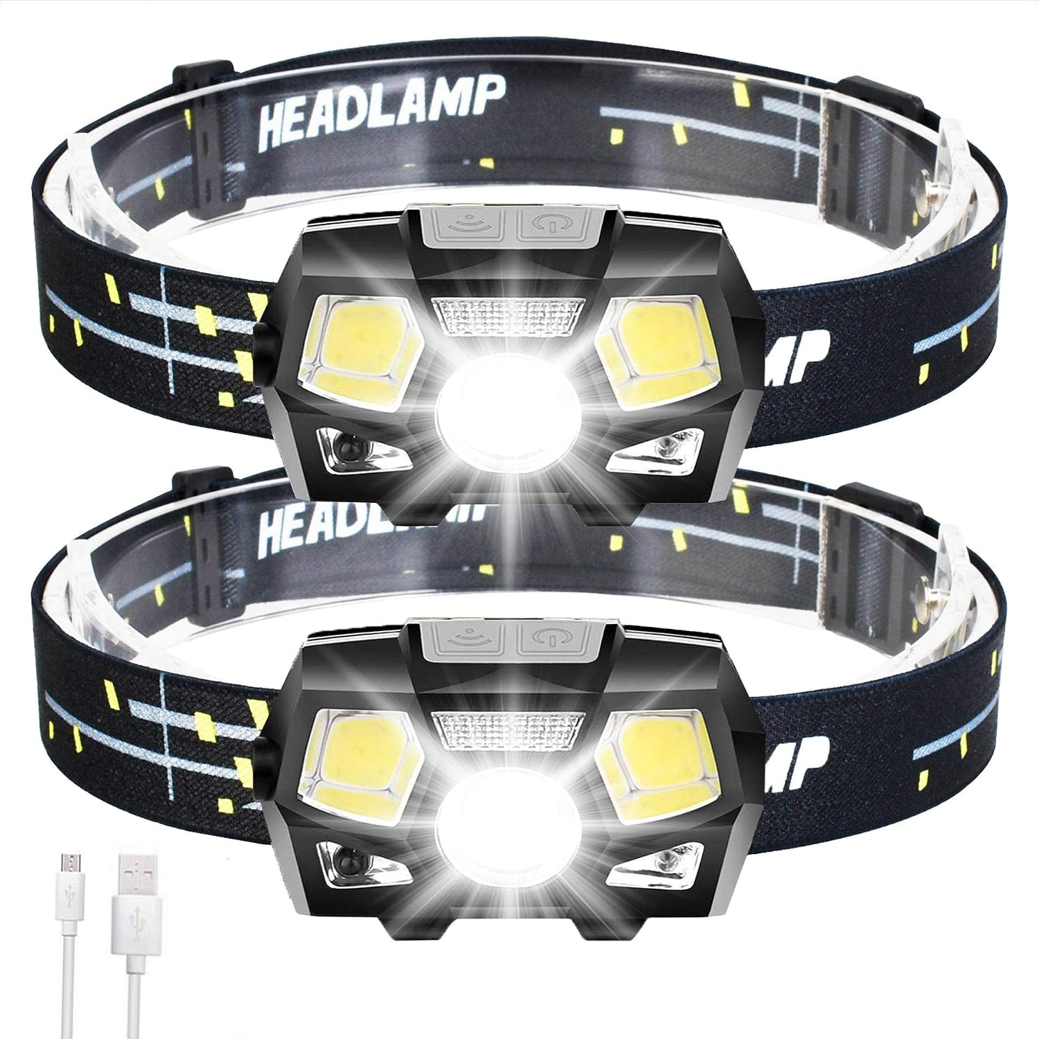 SHOWNEW 2 Packs Rechargeable Headlamp LED Flashlight, 800 Lumens Head Lamp Headlight with Red Light Motion Sensor for Adults Kids, 5 Lighting Modes Waterproof for Running Hiking Camping Fishing