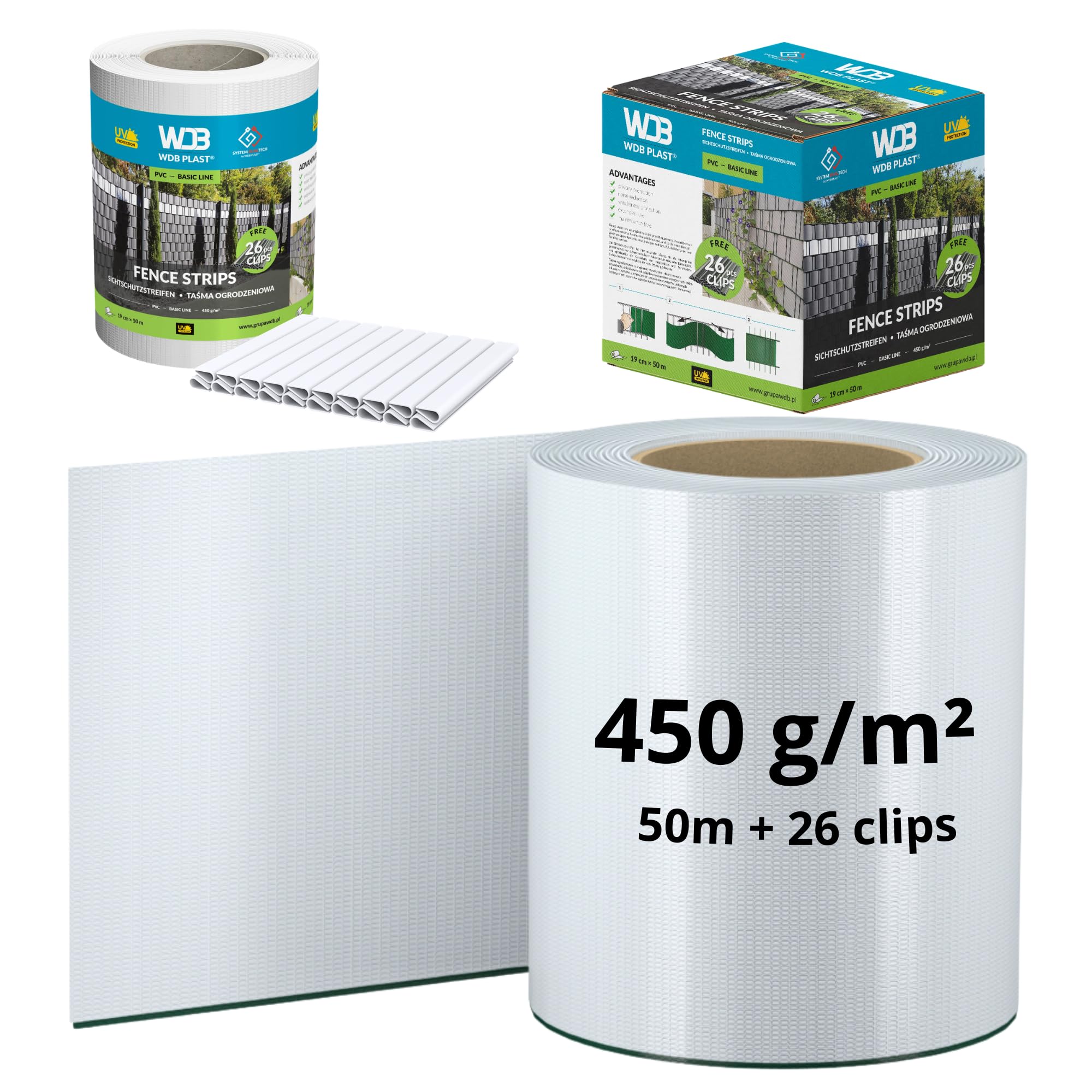 WDB - Sichtschutzstreifen für Doppelstabmatten Sichtschutz Zaun - 19 cm x 50 m + 26 Stück Befestigungsclips - PVC Windschutz Basic Line - Weiß - RAL 9003