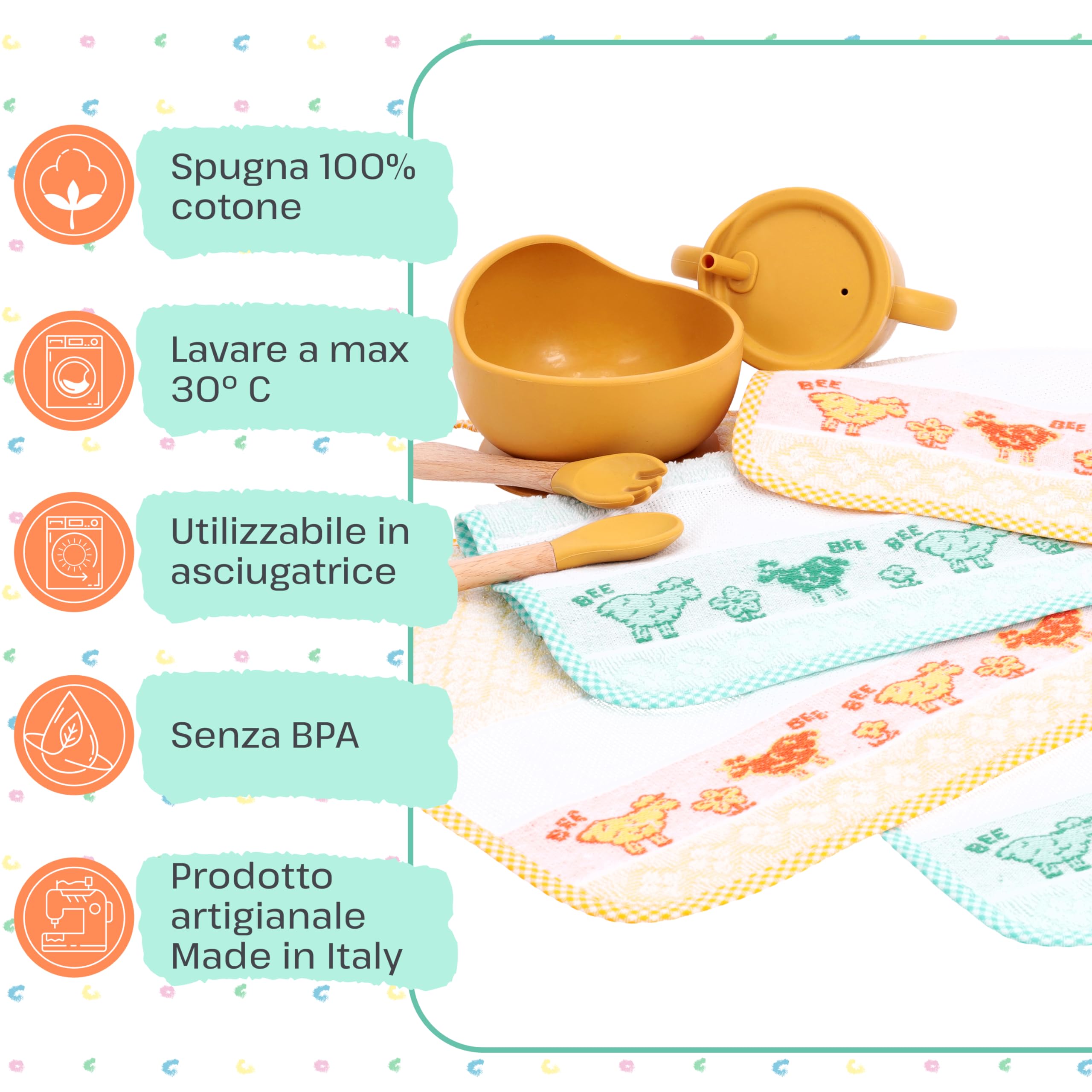 Bavaglini Asilo Elastico Spugna Cotone Tela Aida Ricamare Made in Italy Assorbenti Personalizzabili