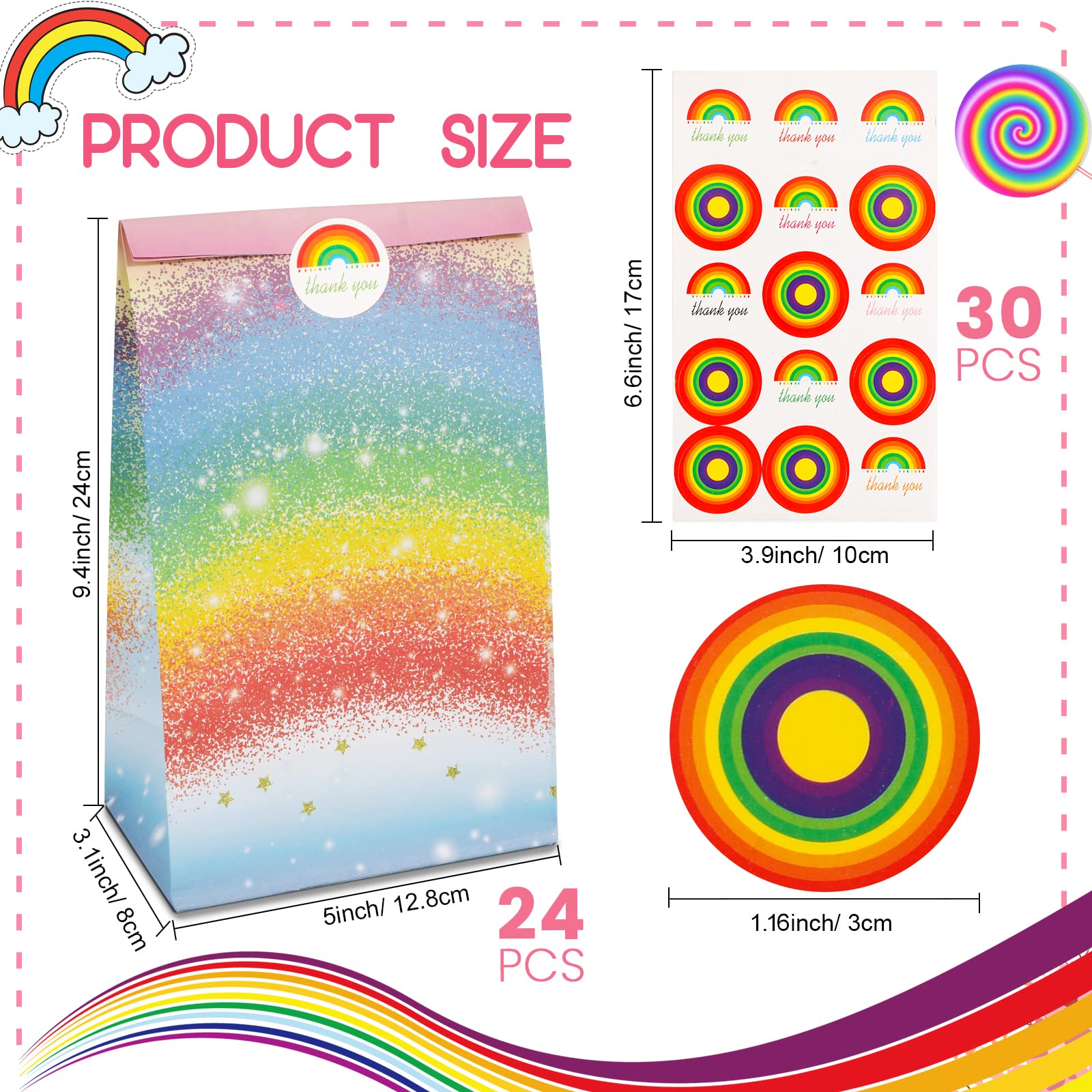 Onteftshop Papier-Geschenktüten Mit Griffen – 32 Stück, 21,6x15,2x9,5cm, 16 Regenbogenfarben, Für Partys & Feiern
