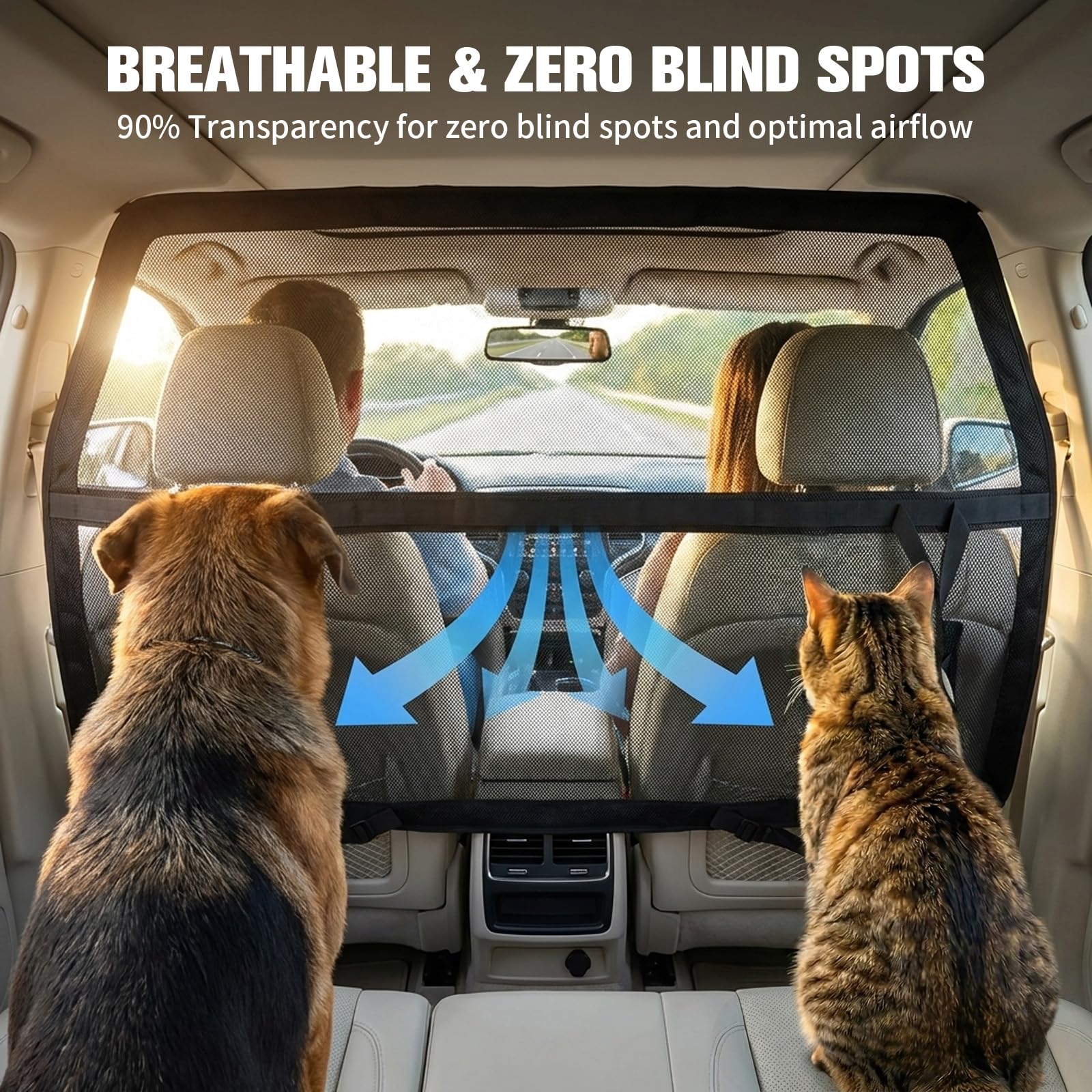 Rejilla para perros para asiento trasero y maletero, 107 x 127 cm, rejilla separadora para coche con red transparente reforzada y marco de metal estable, barrera de separación para perros, ajuste