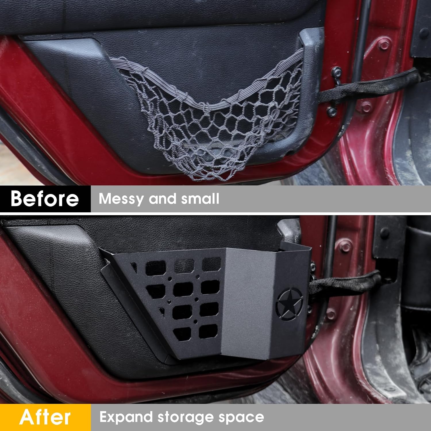 Rear Door Storage for 2011-2018 Jeep Wrangler JK 4 Doors Interior Accessories Black Metal Door Storage Pockets Side Insert Organizer Box with Star,2 Pcs