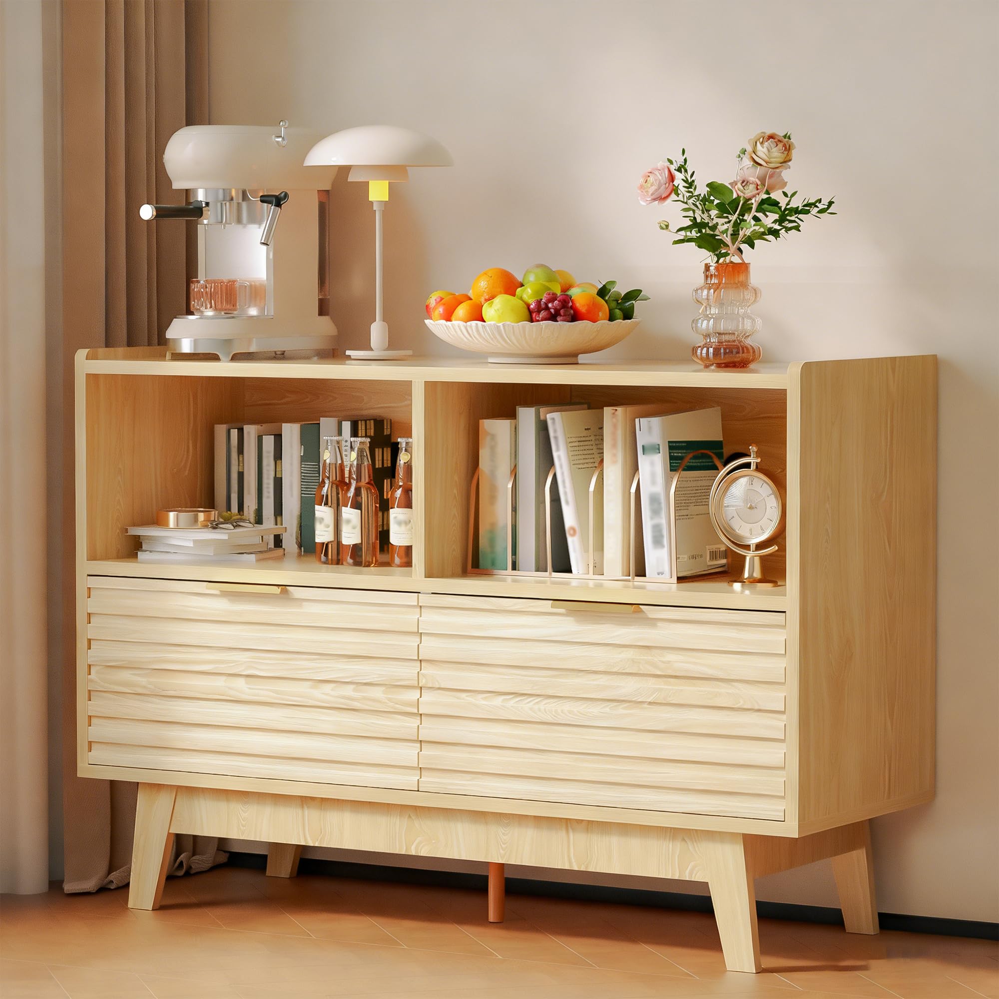 Buytime Fluted Buffet Sideboard Oak, Modern Storage Cabinet w/Cord Cutout, Accent Cabinet with Solid Wood Legs, Console Table w/Swing Doors & Open