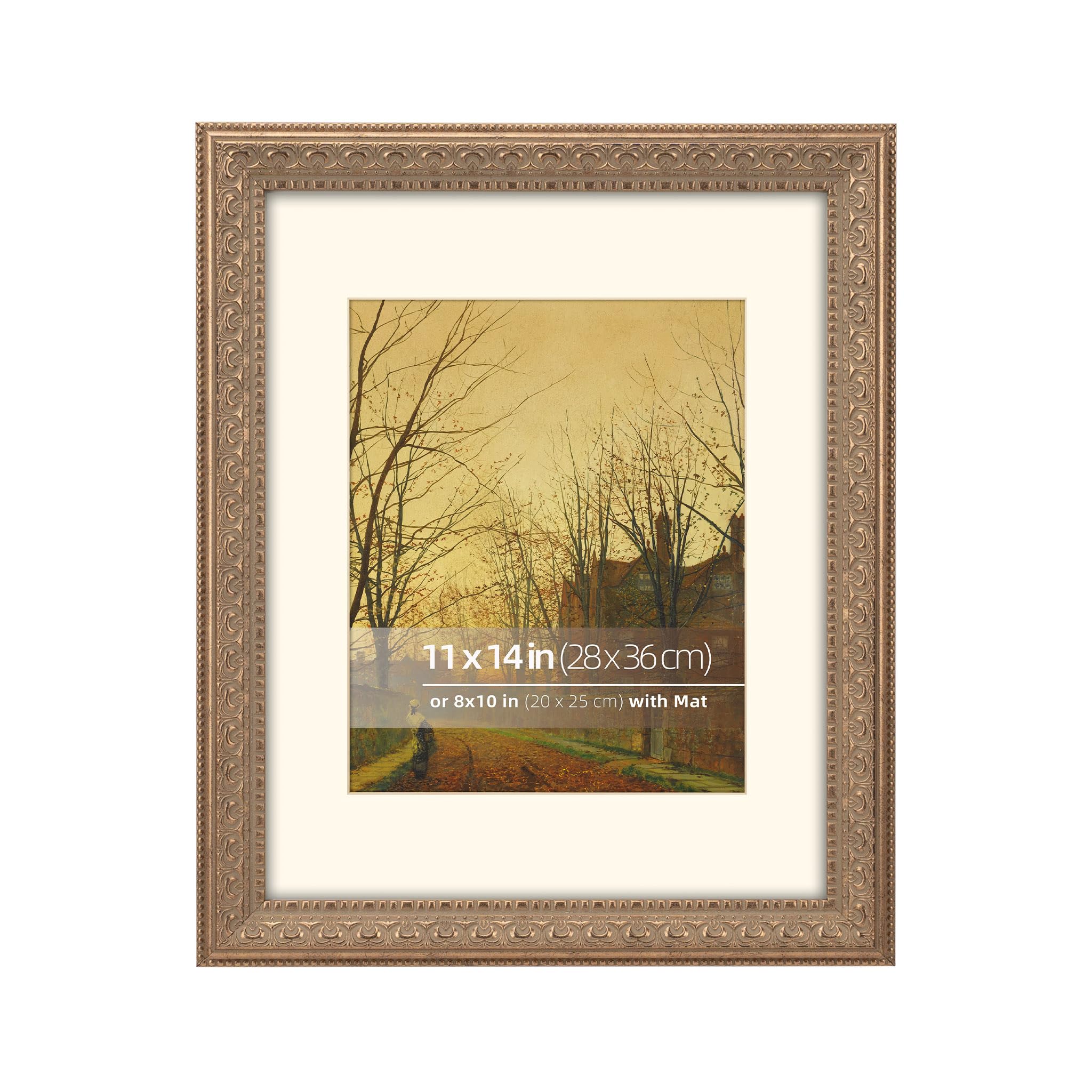Eitida 11x14 Antique Bronze Ornate Vintage Classic Picture Frame, Matted to Display 8x10 photo, painting, drawing, Real Glass Protection, Horiztonal or Vertical Wall Hanging