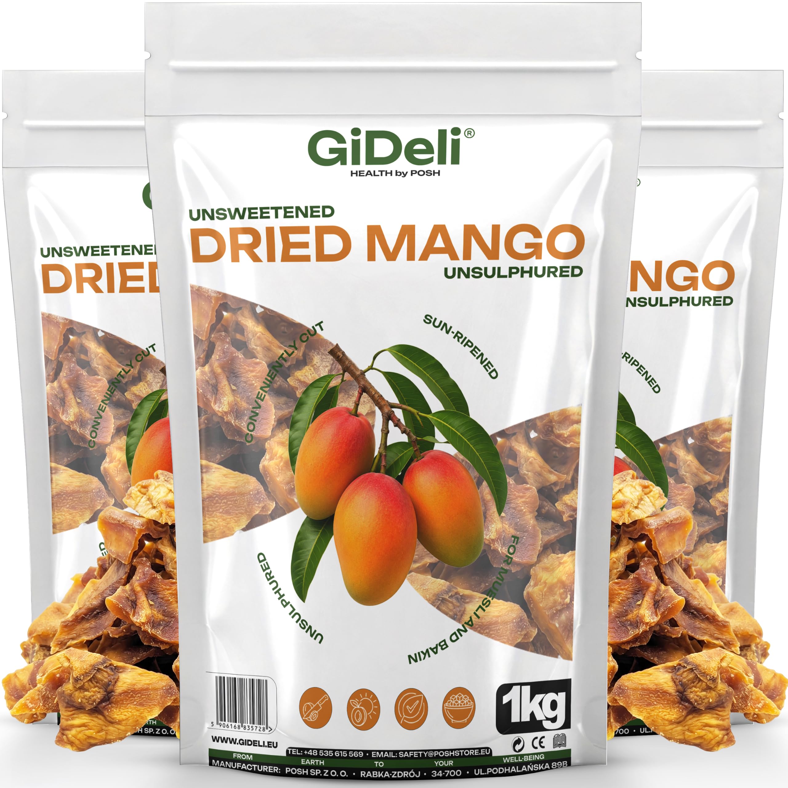 GiDeli Getrocknete Mango Ungesüßt Ungeschwefelt 3x1kg - Naturbelassene Trockenfrucht ohne Zuckerzusatz - Sonnengereifte Mangostreifen - Natürliche Ballaststoffquelle - Ideal für Müsli & Backen