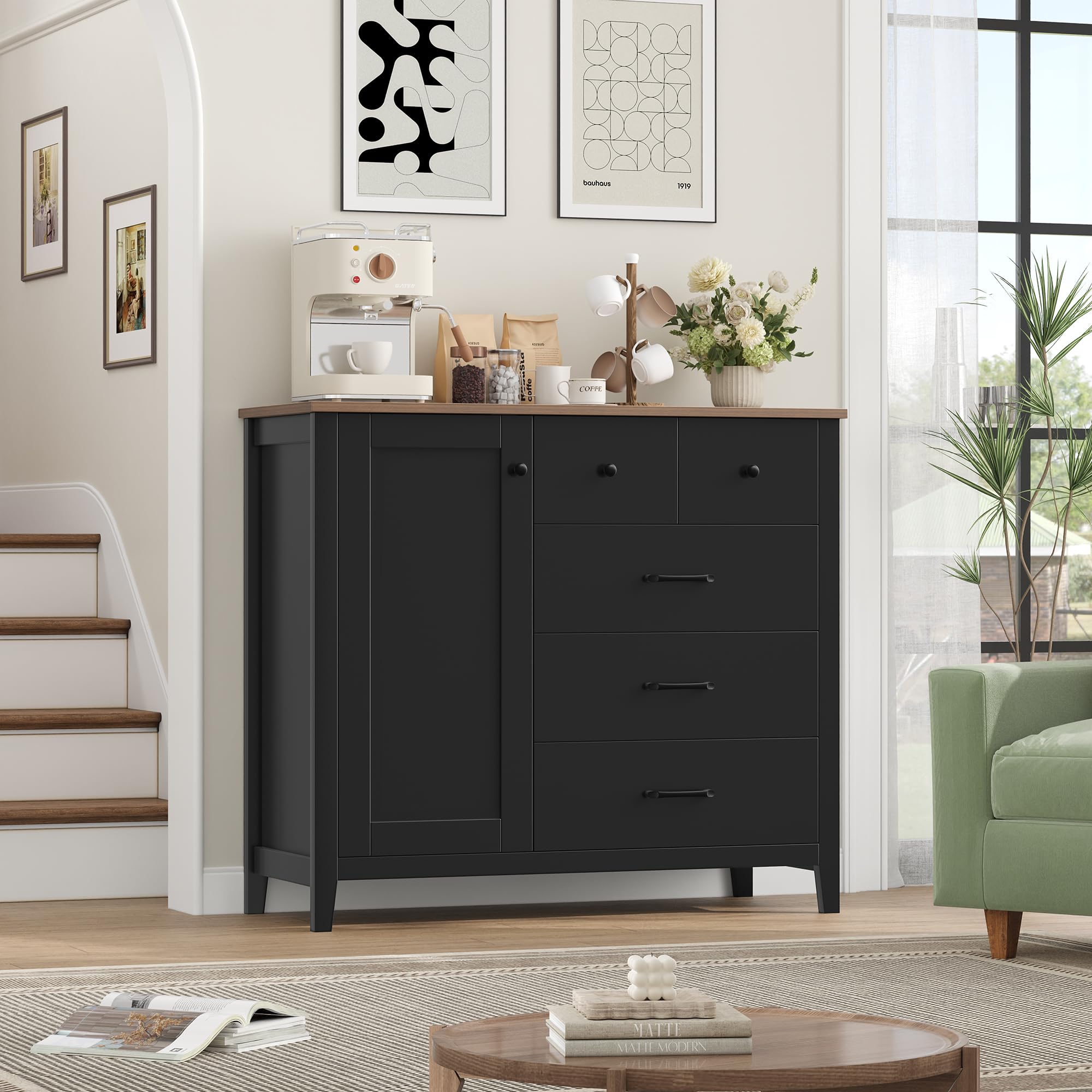 HOCSOK Aparador Cocina Negro con 5 Cajones y 1 Puerta, Aparadores | Estantes ajustables, Mueble Auxiliar de Almacenaje Moderno con Amplia Encimera, Ideal para Cocina, Comedor y Salón