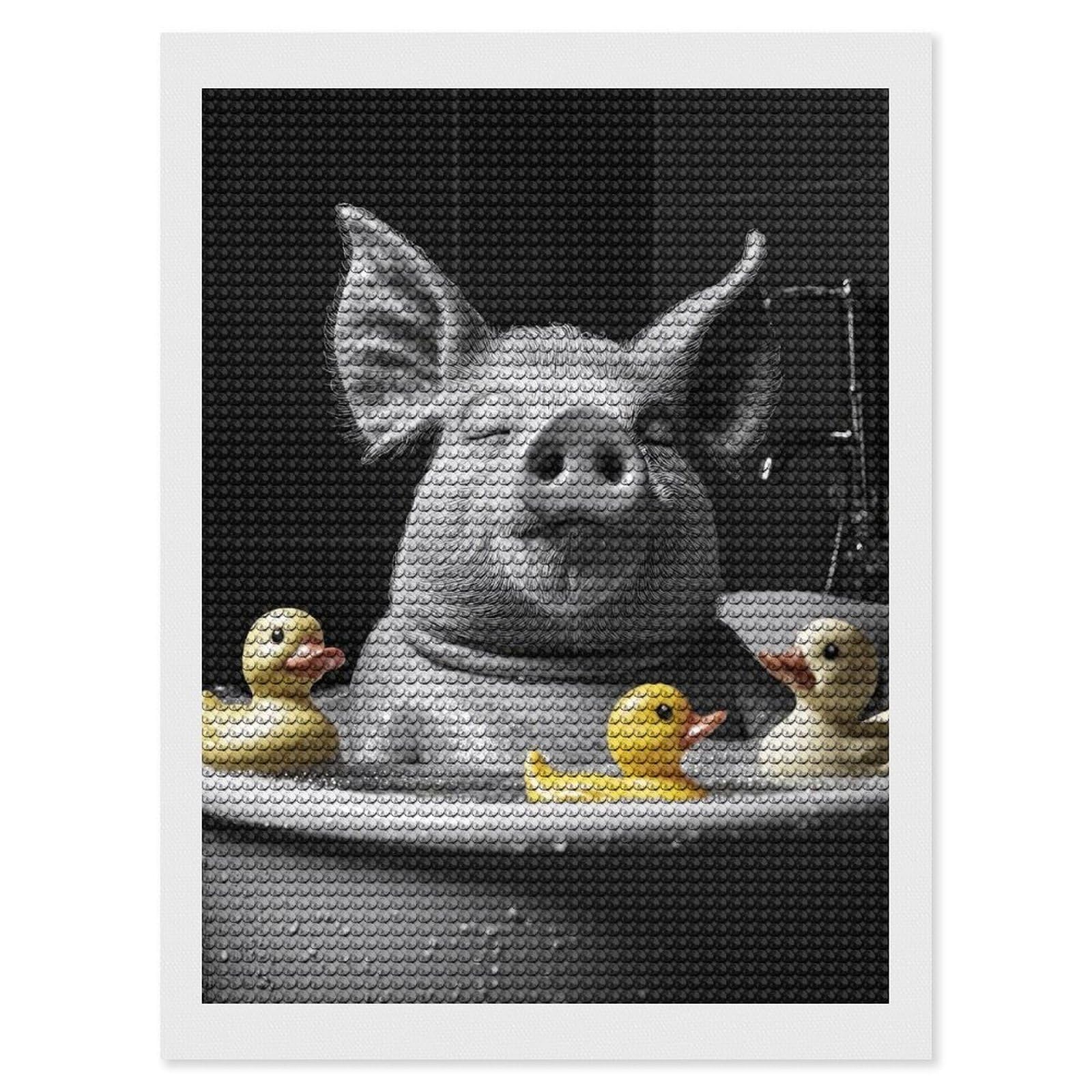 Junmoney Pig in Bathtub with Rubber Ducks Diamond Painting Canvas Set 12"x16", Full Kit Included, Calming Craft to Unwind, Farmhouse Decor, Christmas Gift
