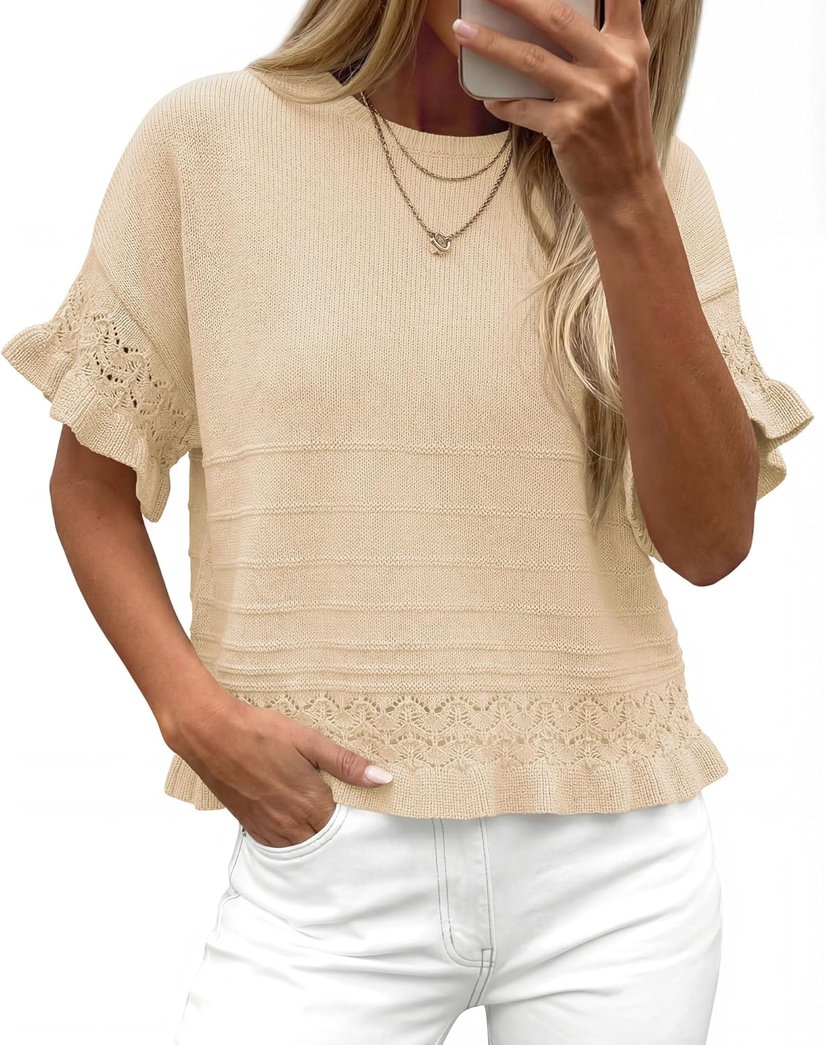 KIRUNDO Short Sleeve Sweater for Women 2026 Spring Summer Tops Crochet Round Neck Ruffled Hem Knit Pullover Casual Blouse - Image 7