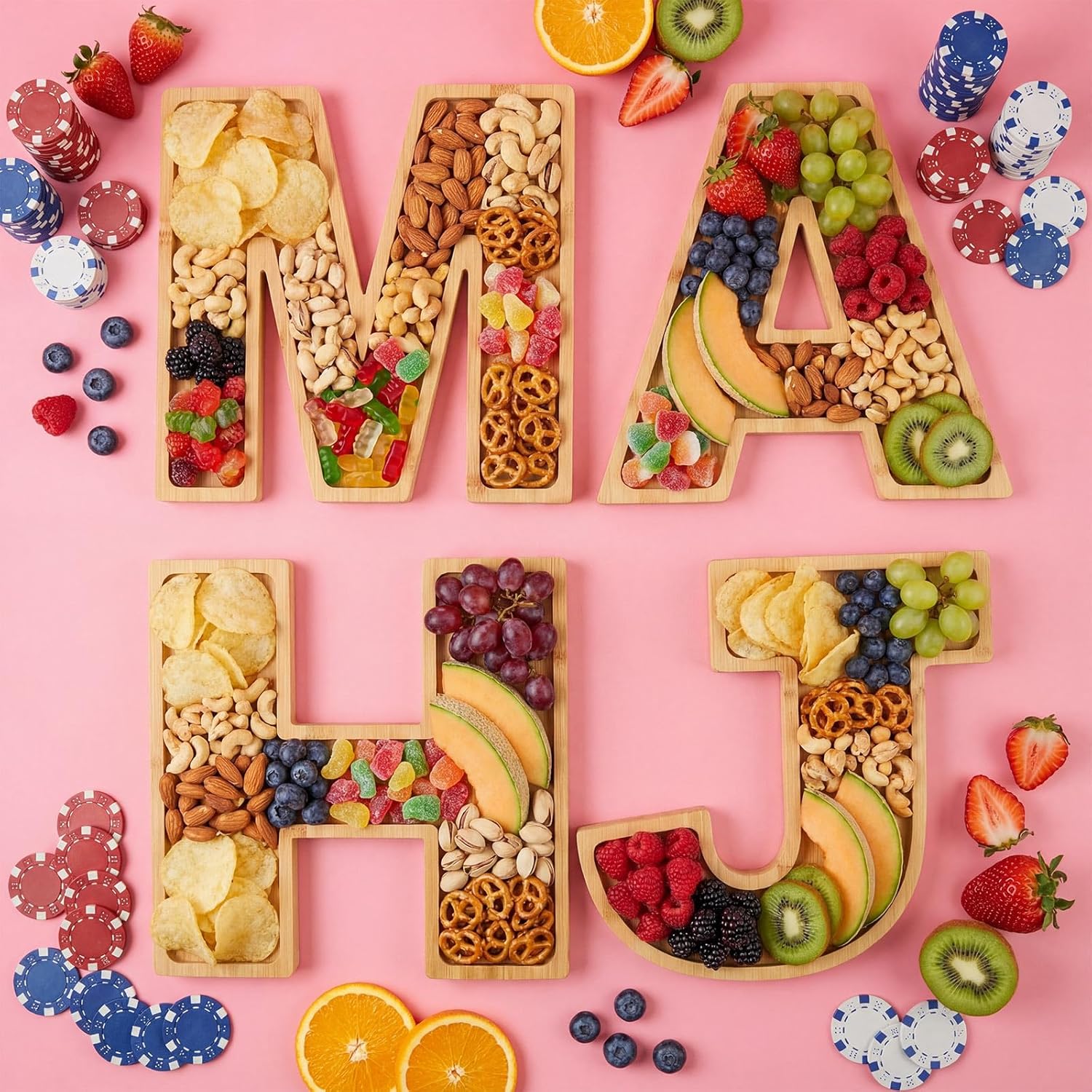 Weysat 4 Pcs Mahjong Charcuterie Board Wood Mahj Letters Food Serving Trays Dish Plates Fillable Fruit Snack Cake Cookies for Mahjong Lovers Party Decorative Platter Supplies, 11.8 x 11.8 x 0.6 Inch