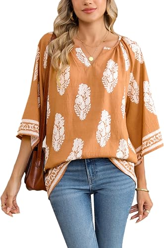 MOQIVGI Boho Tops for Women Fall/Winter Trendy 3/4 Sleeve V 