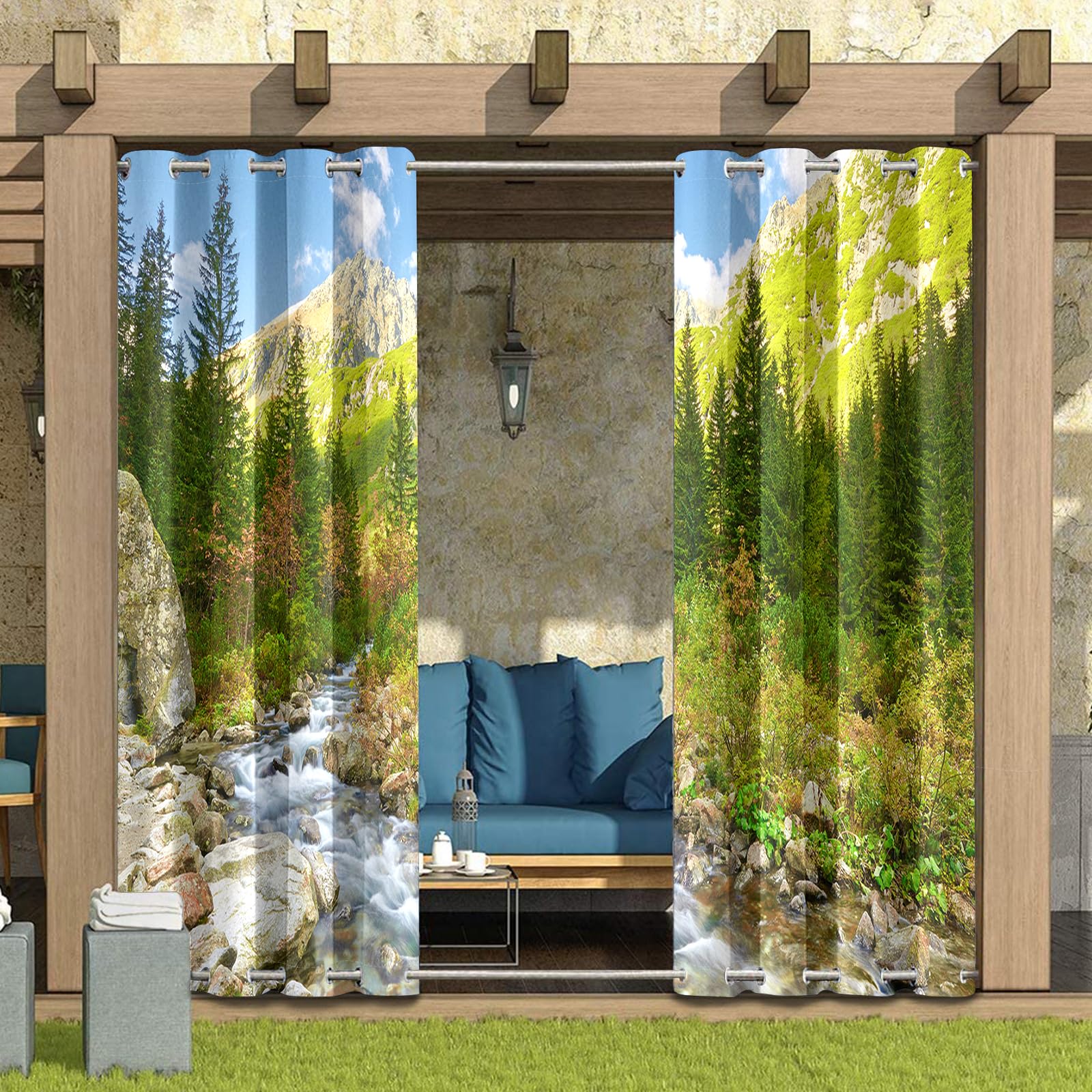 Hixingo 3D Outdoor Vorhang Wetterfest mit Ösen Oben und Unten, 2er Set Outdoorvorhänge Wasserdicht Winddicht Outdoor Gardinen Sonnenschutz Sichtschutz (Klettern,137x304cm)