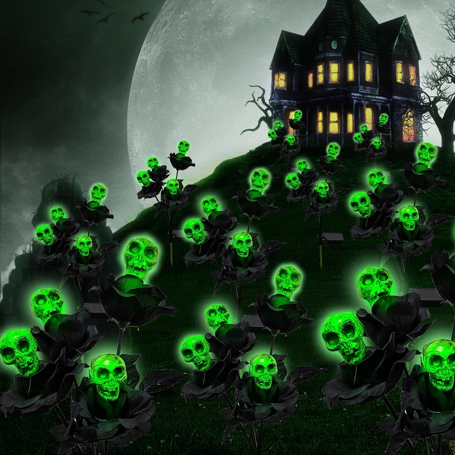 2PCS Solar Halloween Lights, Swaying Solar Skull Rose Lights Halloween Decorations Outdoor, 8 LED Path Lights Waterproof, 2 Light Modes Solar Lights for Garden, Yard, Lawn, Party(Green)