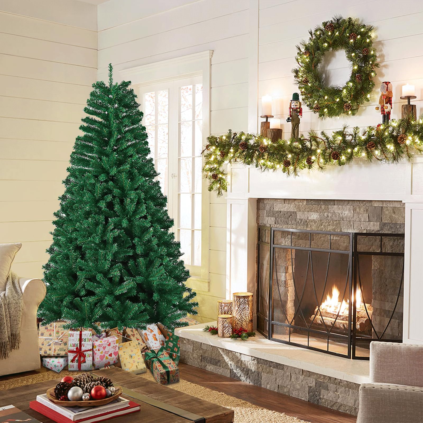 OHMG Sapin de Noël Artificiel 210cm, Arbre de Noel avec 1100 Pointes de Branche en Forme d’Aiguilles de pin, avec Effet Neige de Noël Vert Décoration Fêtes de Noël PVC, Noel