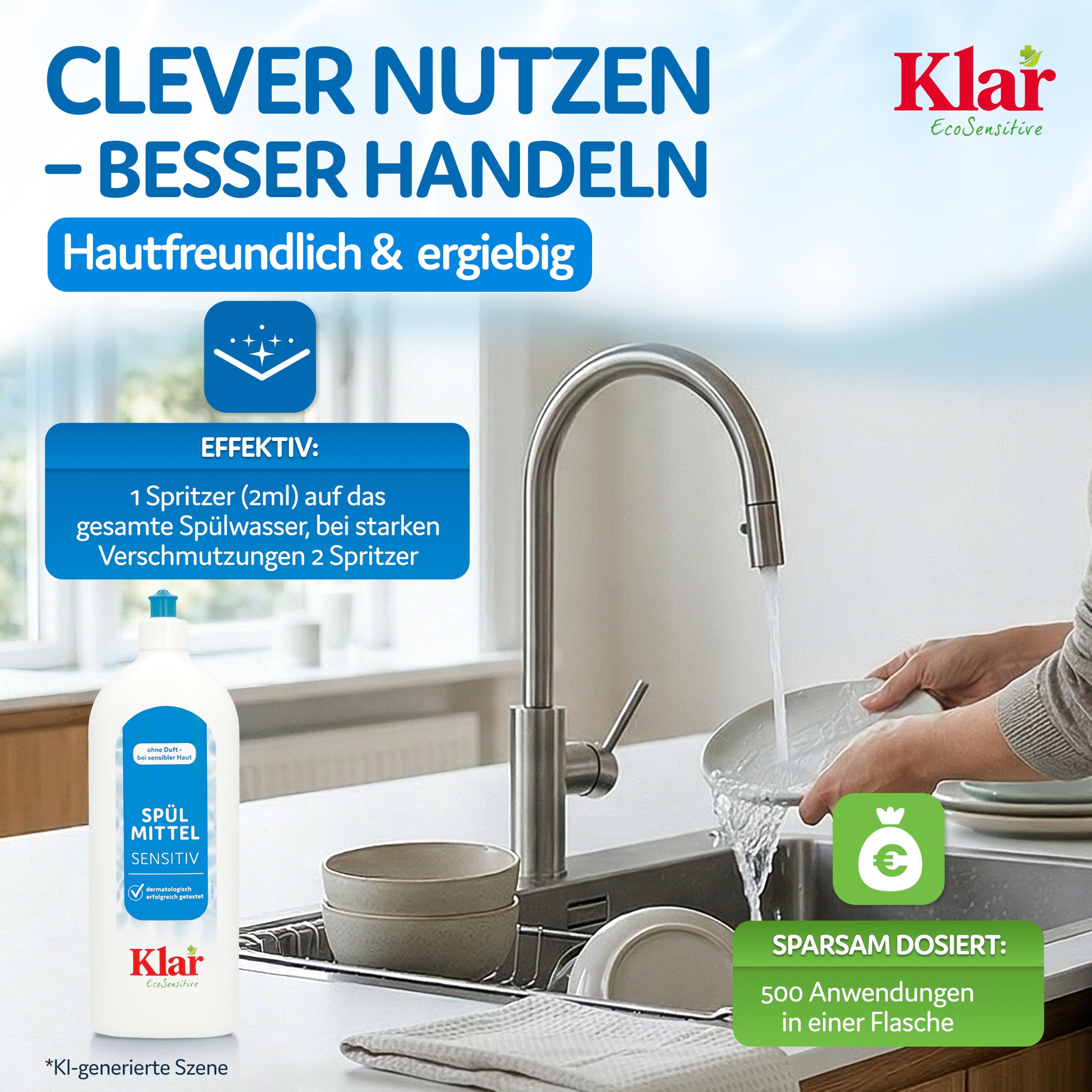 Klar EcoSensitive Spülmittel SENSITIV, 1l - Ohne Duft & hypoallergen