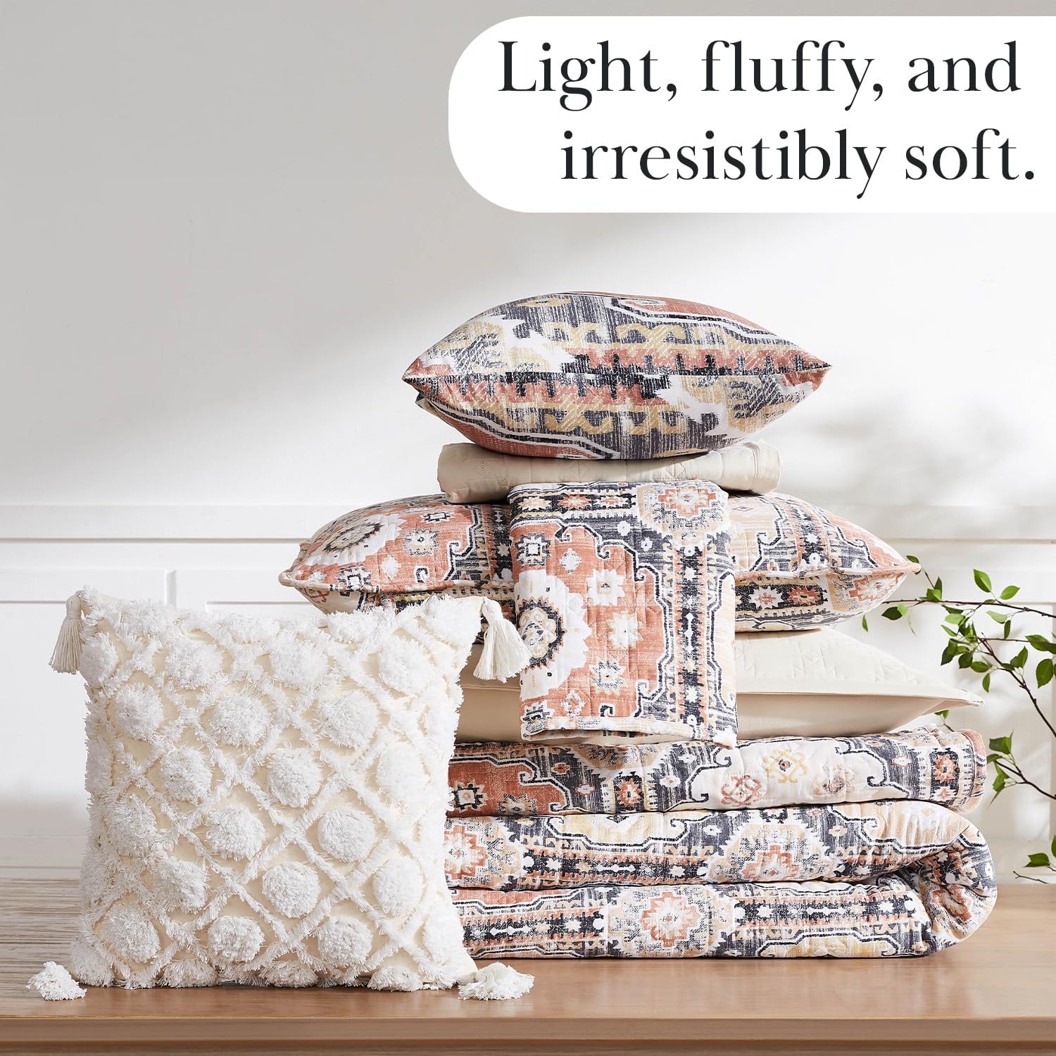 Southshore Fine Living, Inc. Quilt Set King Size, 7-Pieces with 2 Pillow Shams, 2 Euro Shams, Throw Pillow & Throw Cover, Boho Bedding Set for King and California Size Beds, Kilim Natural