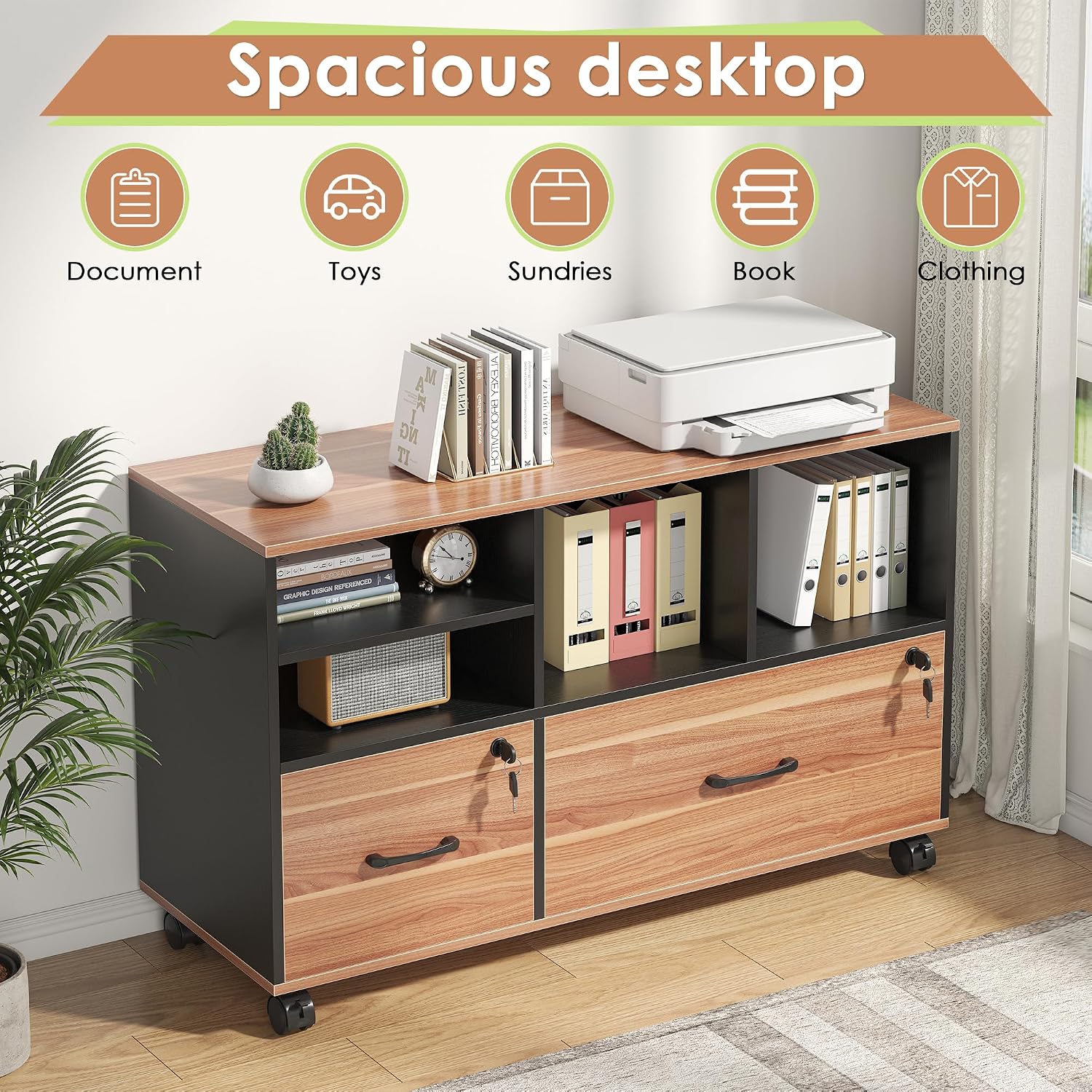 2 Drawer File Cabinet for Home Office, Lockable Rolling Filing Cabinet with Adjustable Shelves, Wood Lateral File Cabinet with Lock, Printer Stand Office Storage Cabinet, Rustic Brown & Black