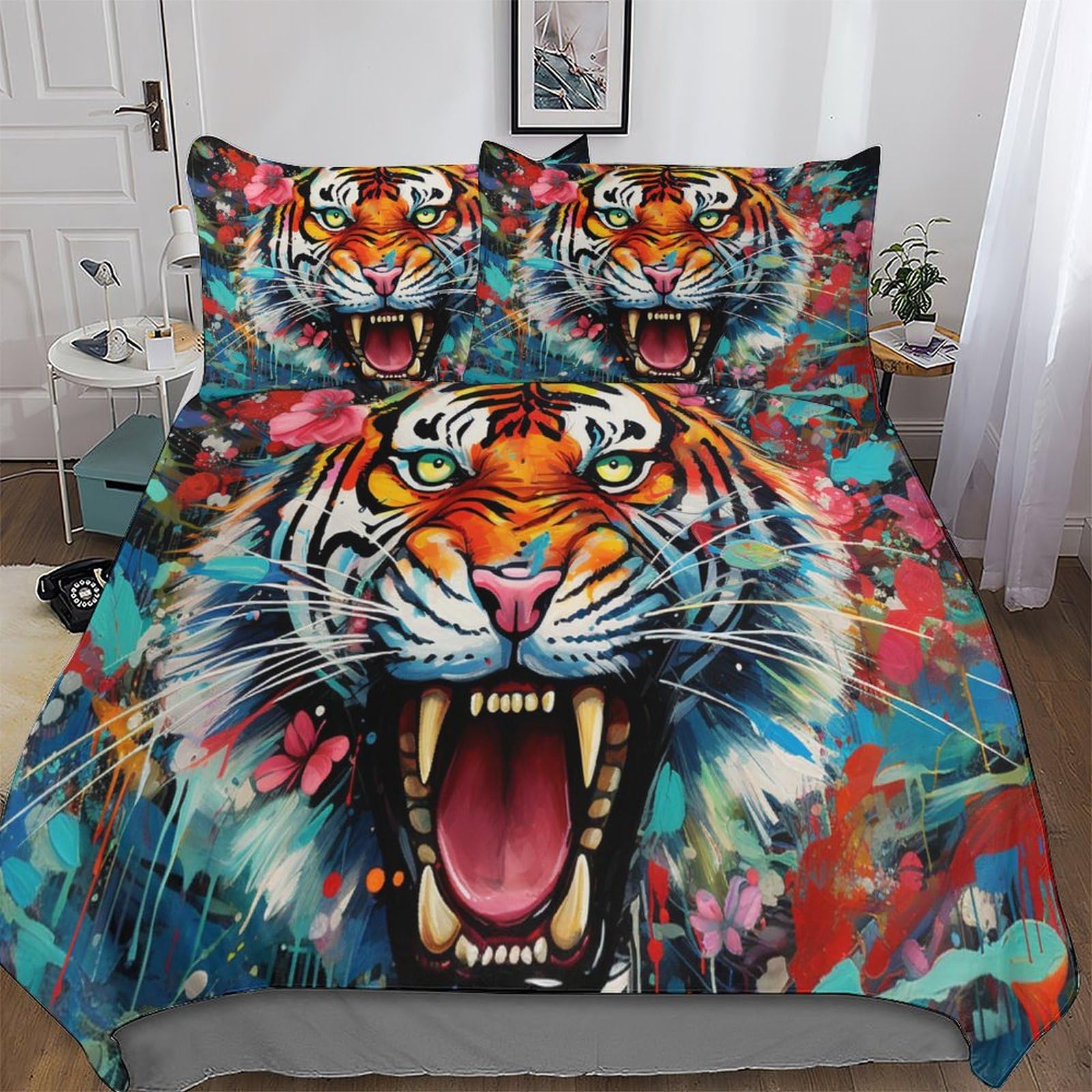 Housse de couette tigre 220x240 cm parure de lit microfibre avec taie d'oreiller king