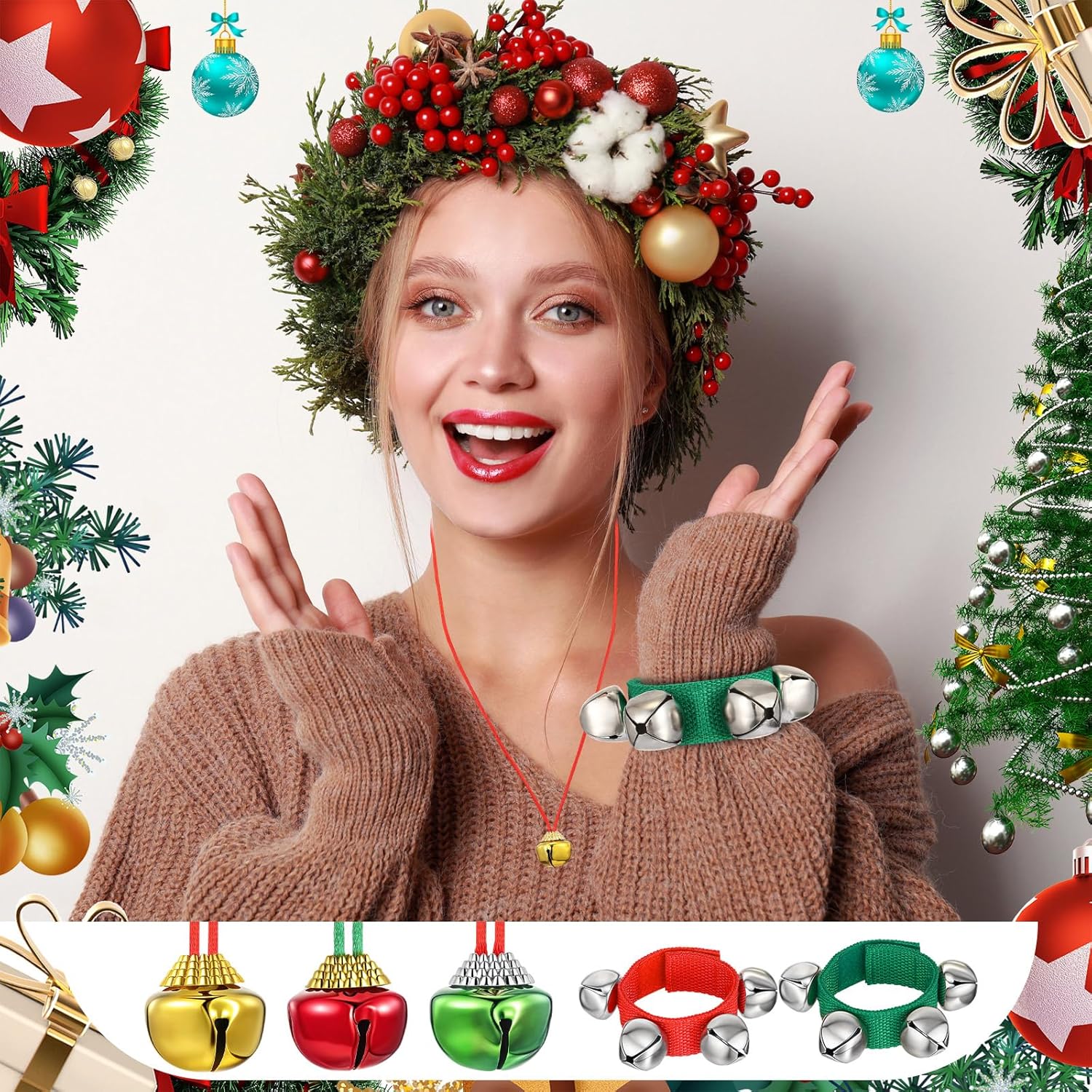 Tondiamo 30 Set Christmas Bell Necklace and Wrist Band Set Adjustable Jingle Bell Bracelet Red and Green Necklaces Ornaments Musical Instruments for Christmas Party