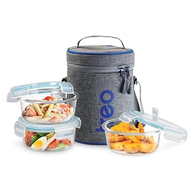 Treo by Milton All Fresh Borosilicate Glass Lunch Box Set of 3, Clear, 400 ml Each with Lunch Bag, Microwave & Dishwashe