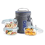Treo by Milton All Fresh Borosilicate Glass Lunch Box Set of 3, Clear, 400 ml Each with Durable Lunch Bag, Microwave & Dishwasher Safe, Leakproof Containers, Office Tiffin
