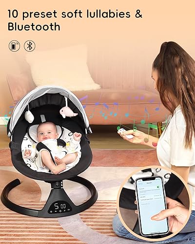 Miniatura 5 de Queerick Columpio para bebés y niños pequeños, portátil, función de sincronización de oscilación, 5 velocidades, Bluetooth, pantalla táctil, altavoz