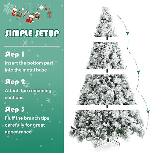 Miniatura 5 de Árbol de Navidad de pino artificial flocado de nieve de 8 pies, decoración de árbol de Navidad con 1424 puntas de rama, 87 piñas, 87 bayas rojas,