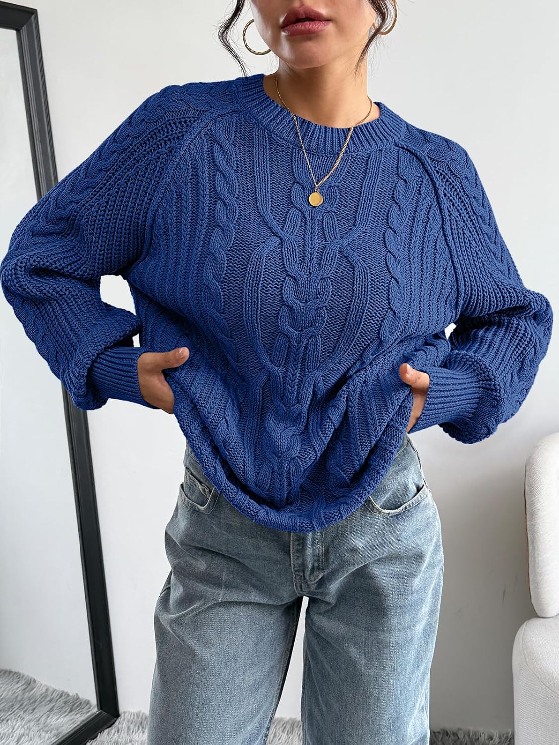 Trendy Queen Women's Oversized Cable Knit Crewneck Fall Pullover Sweaters - Image 5