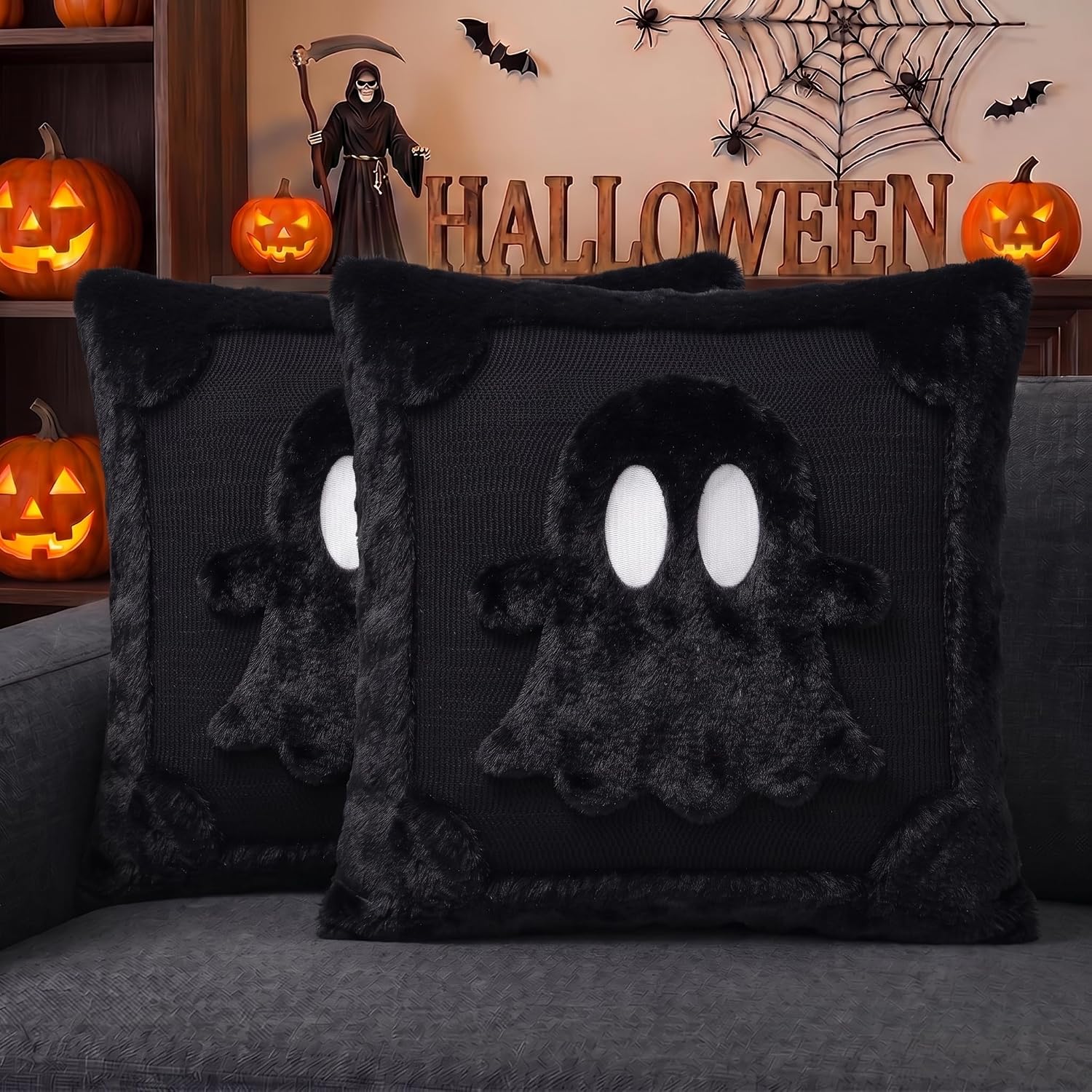 AVOIN colorlife Halloween Ghost Cream White Throw Pillow Covers 18 x 18 Inch, Spooky Soft Plush Faux Fur Jacquard Cushion Case Decoration for Sofa Couch Set of 2