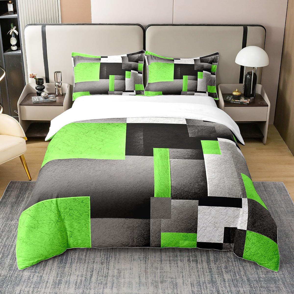Geometric 100% Cotton Duvet Cover Single Size Green Grey Buffalo Check Bedding 100% Cotton Set Comforter Cover Set Women Men Ultra Soft Decor Modern Art Bedspread Cover Zipper Closure
