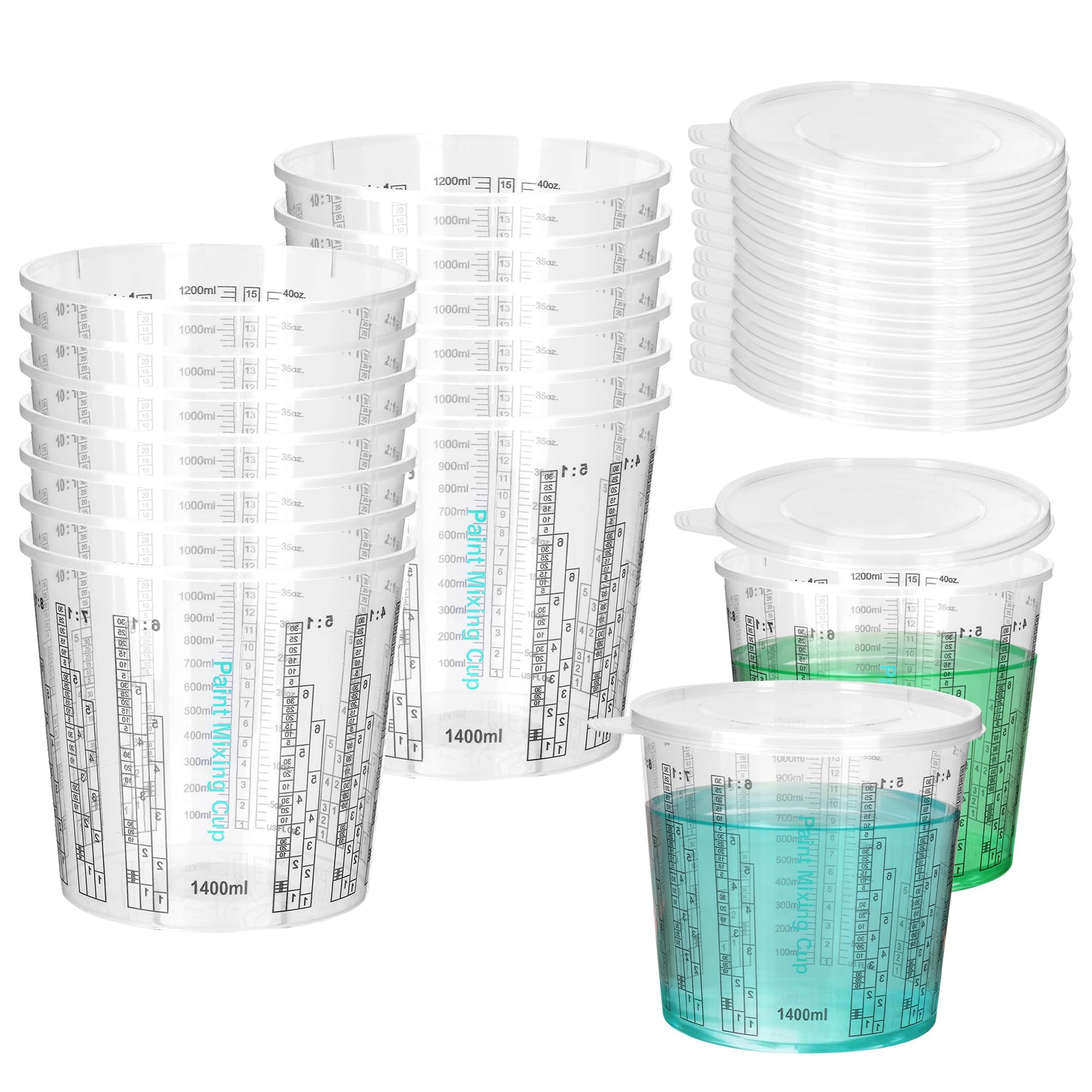 YKUKIZEE 15 Pcs 1400 ml Paint Mixing Cups with 15 Lids, Plastic Resin Measuring Cups with Scale, Clear Graduated Cups with Lid for Epoxy Pigment Liquids