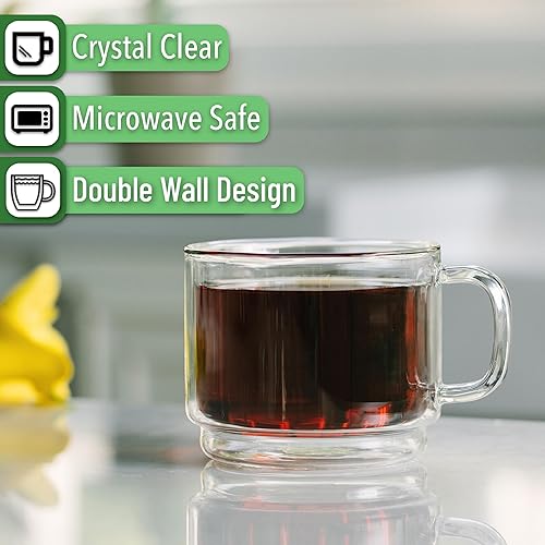 Miniatura 4 de BTT- Taza de café aislada apilable, grande, juego de 4 (16 onzas, 16.9 fl oz), tazas de café de vidrio de doble pared, tazas de té, taza de latte,