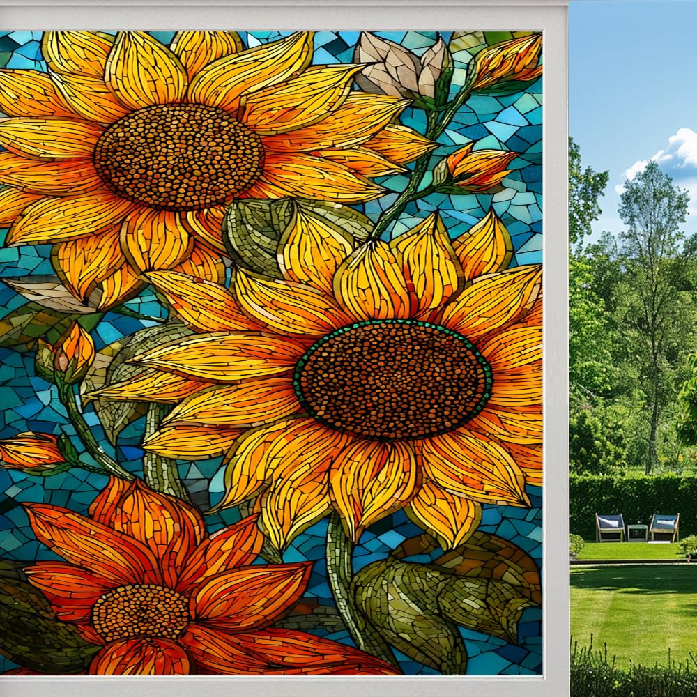 Pmlbaous Colorful Sunflowers Stained Glass Window Film, Natural Flower Plants Peel And Stick Privacy Film, Frosted Adhesive Vinyl Decorative For Bathroom Windows Glass Doors, （55X100cm）