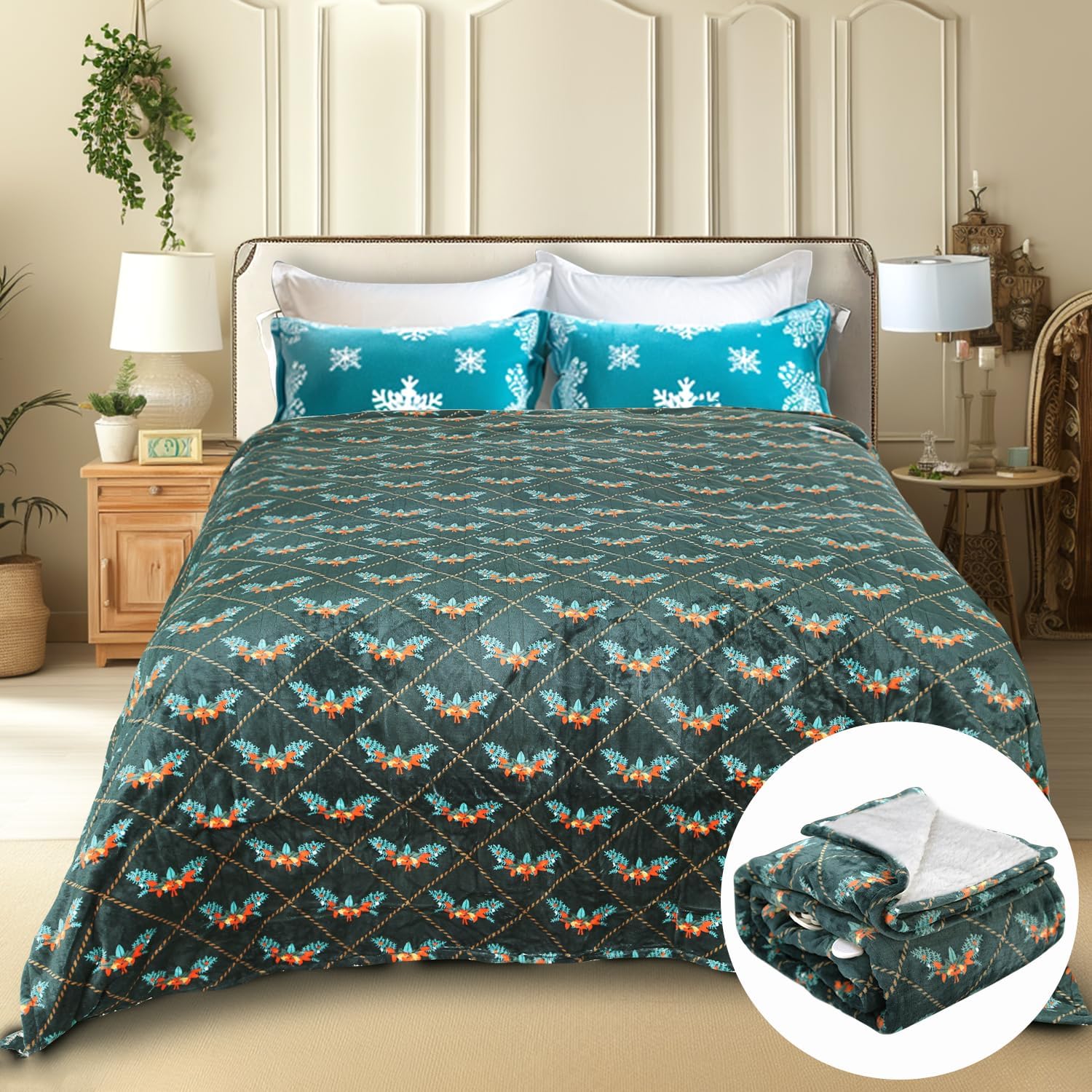 Ramesses Printed Electric Blanket Full,Print Heated Electric Blanket Throw with Double Controls, 62x84Heating Throw with 10 Heats Levels,Adjustable Timer Auto Off(Green, Full)