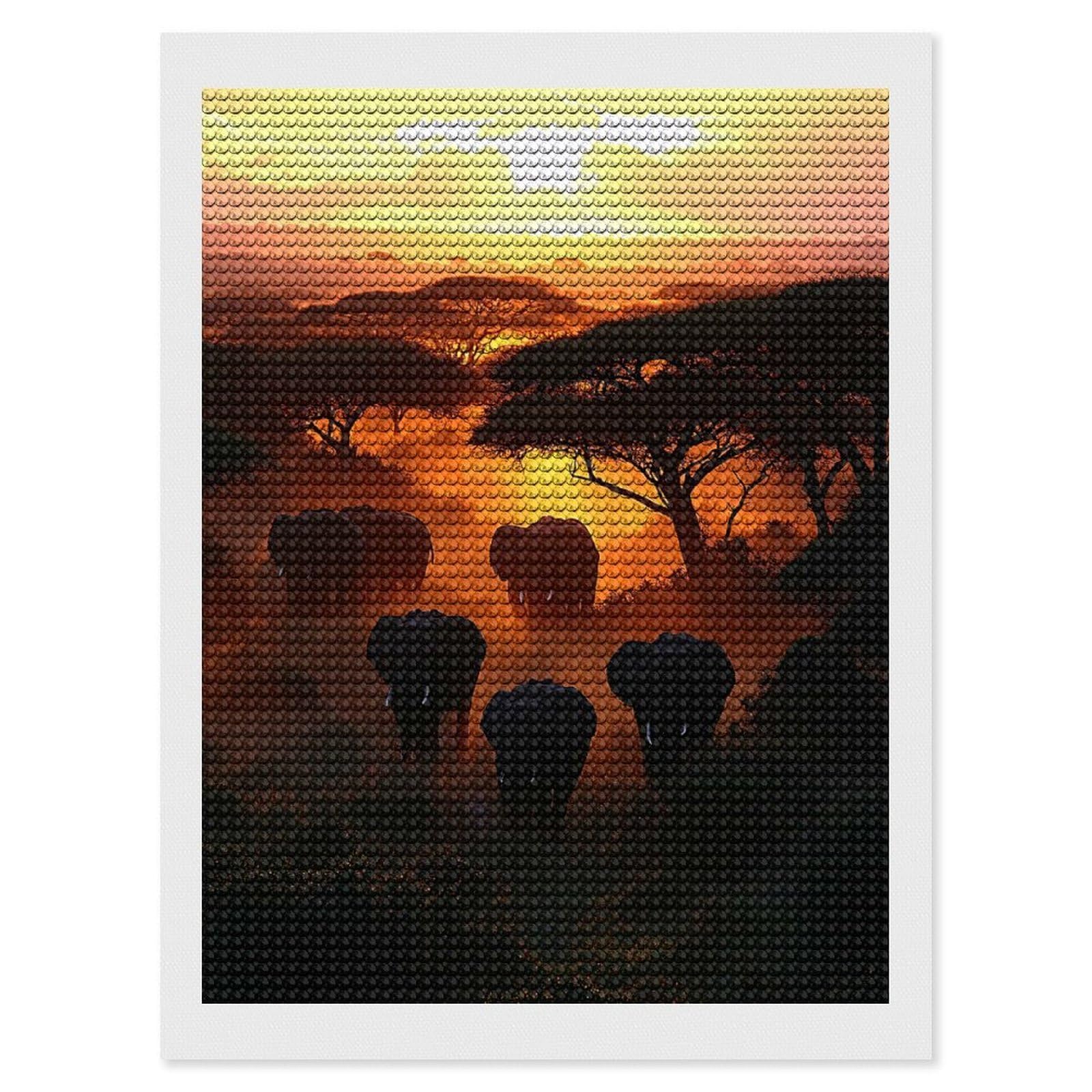Junmoney Elephants at Sunset in African Savannah Diamond Painting Set 12"x16", Stress Relief Craft, Easy to Enjoy, Vintage Style Decor, Festive Craft Gift