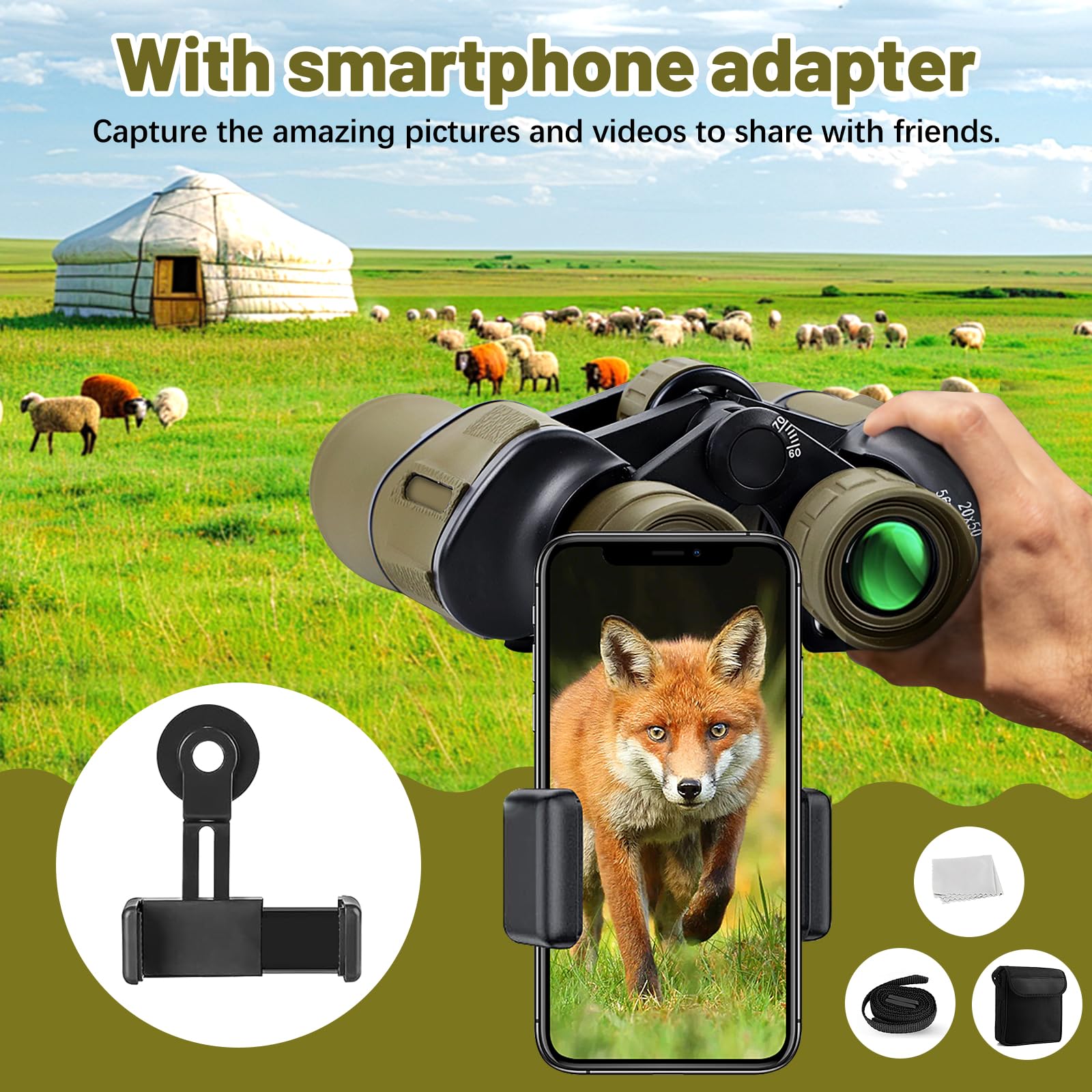 Jumelles 20 x 50 pour Adultes, Jumelles HD avec Vision Nocturne, Jumelles compactes avec objectifs FMC, étanches Tactiques pour Chasse, randonnée, Voyage de Concert avec Prisme BAK4 avec Adaptateur - 4