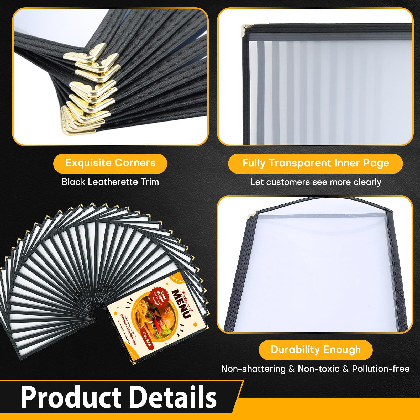 Cubiertas de menú de 8.5 x 11 pulgadas, paquete de 30 fundas transparentes para menú de restaurante para cocina, bebida, vino y menú, color negro (8.5 x 11 pulgadas (2 páginas, 4 vistas))