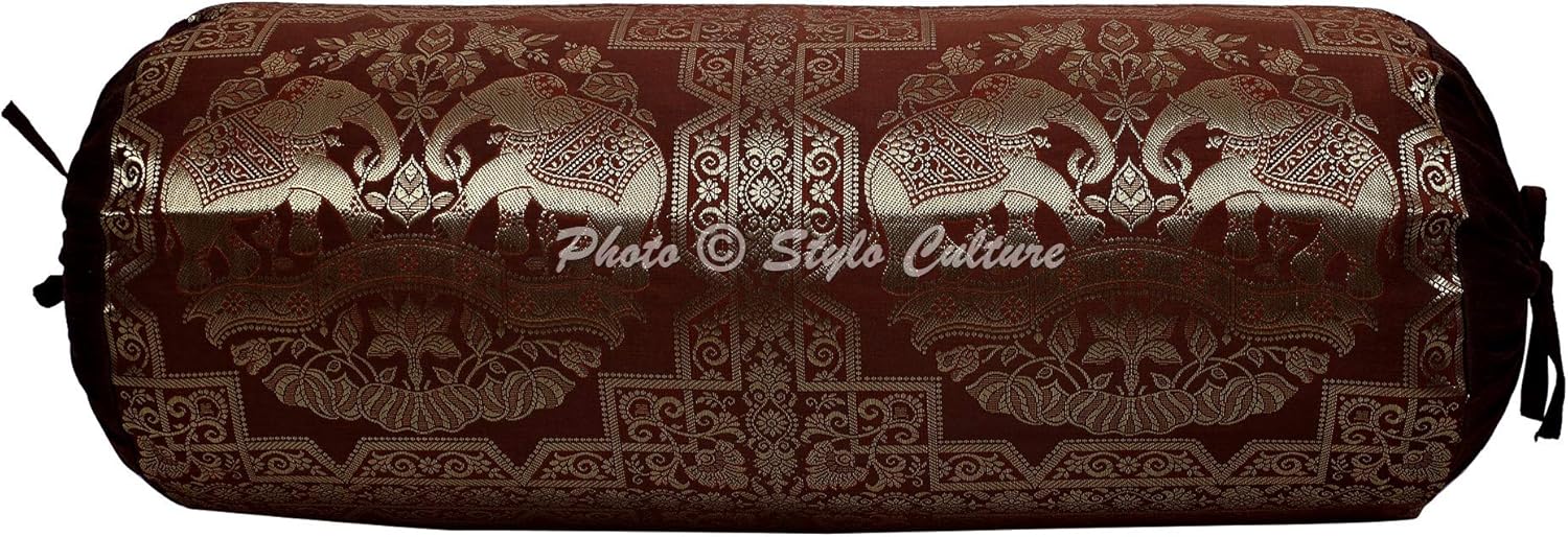 Ethnic Tubular Brocade Bolster Pillow Covers Coffee Brown Gold Elephant Jacquard Weave Round Meditation Pillow Traditional Floral Decorative Cushion Covers - (76x38 cm) | Set of 2 Pcs