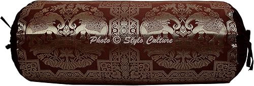 Stylo Culture Funda de almohada cilíndrica de brocado indio, color café, marrón, dorado, floral, tejido jacquard, almohada de yoga, tradicional