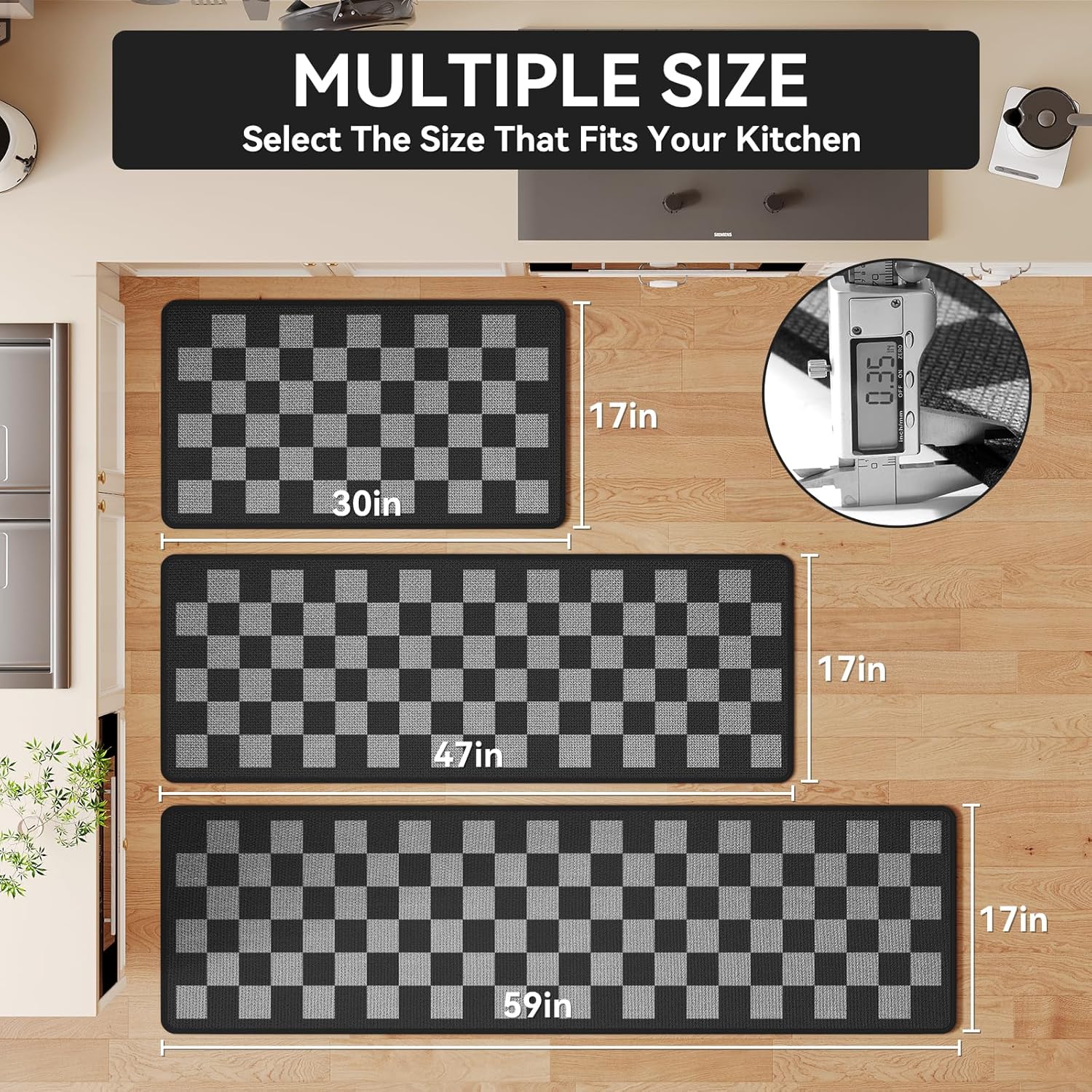 YDKGL Kitchen Runner Rugs Non Slip Washable, Super Absorbent Kitchen Mats for Floor, Linen-Look Woven Sink Mat Standing Mat, Easy Clean, Black Gray Checkered 17"x59"