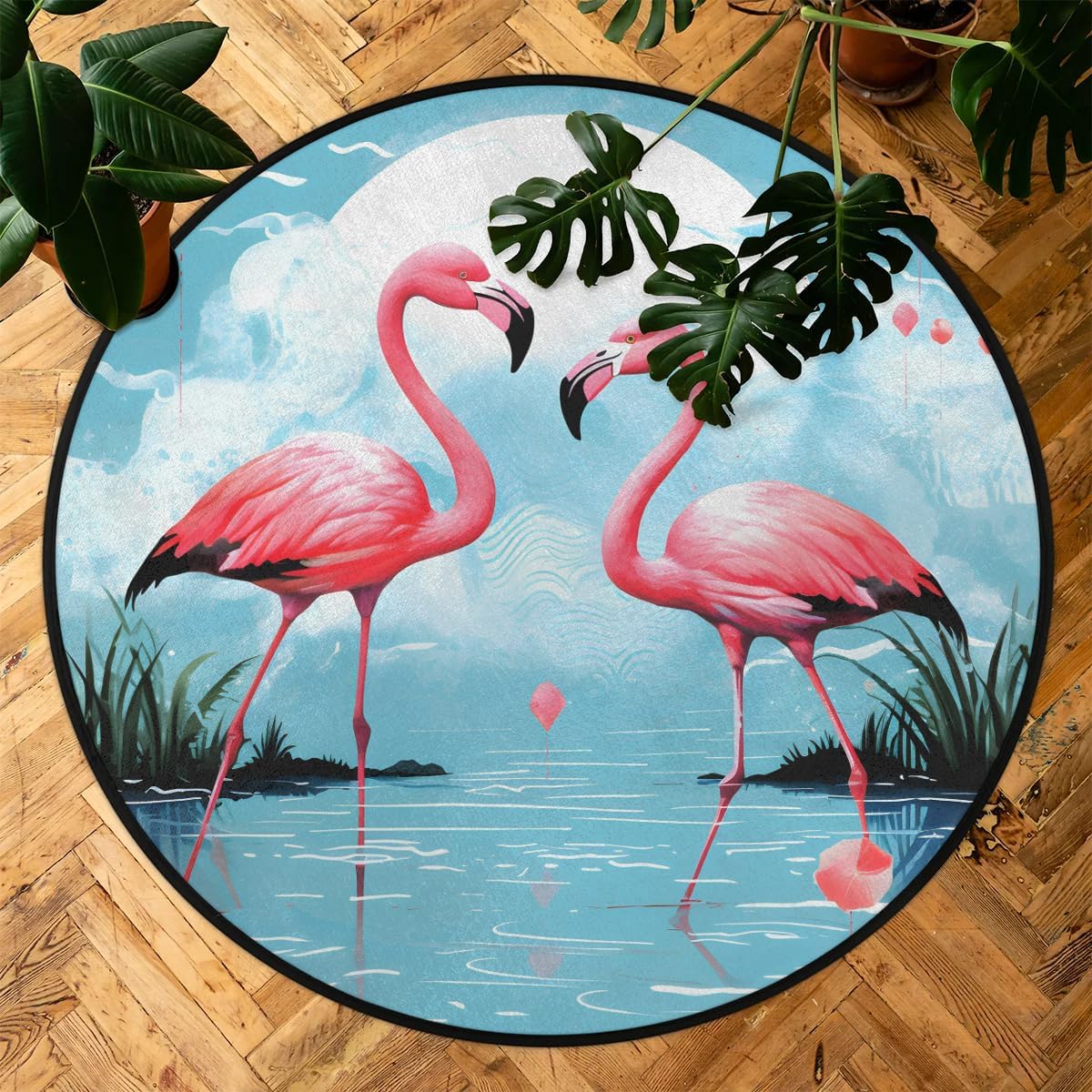 Flamingo Lake 3ft Round Area Rug Washable Soft Circle Rugs Non-Slip Indoor Floor Mats Throw Rug Carpet for Nursery Kids Room Living Room Entryway Bedroom Bathroom Decor
