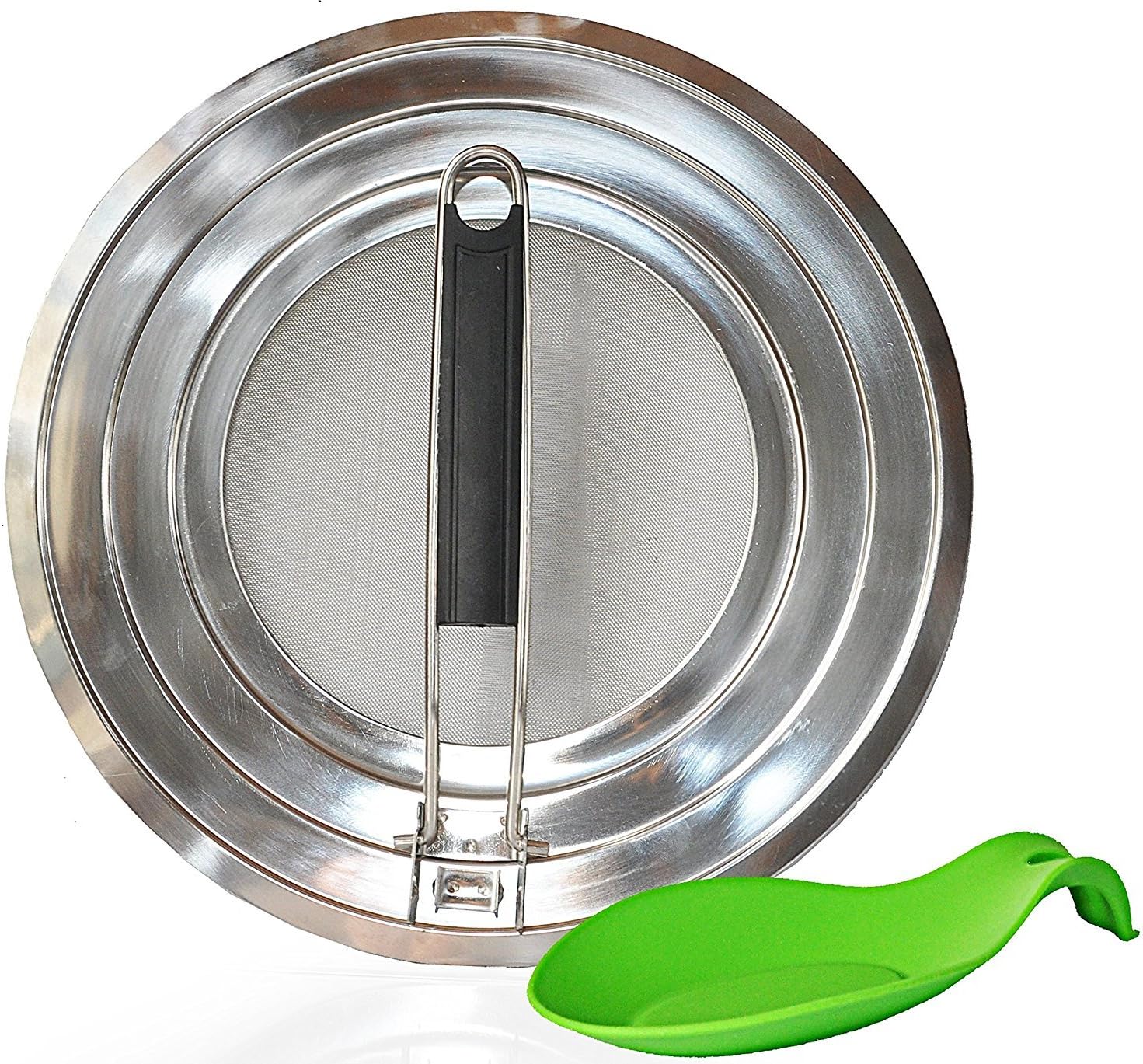 Splatter Screen Guard for Cooking and Frying - Stainless Steel with Folding Handle - Bonus Silicone Spoon Rest - KUMBAVA