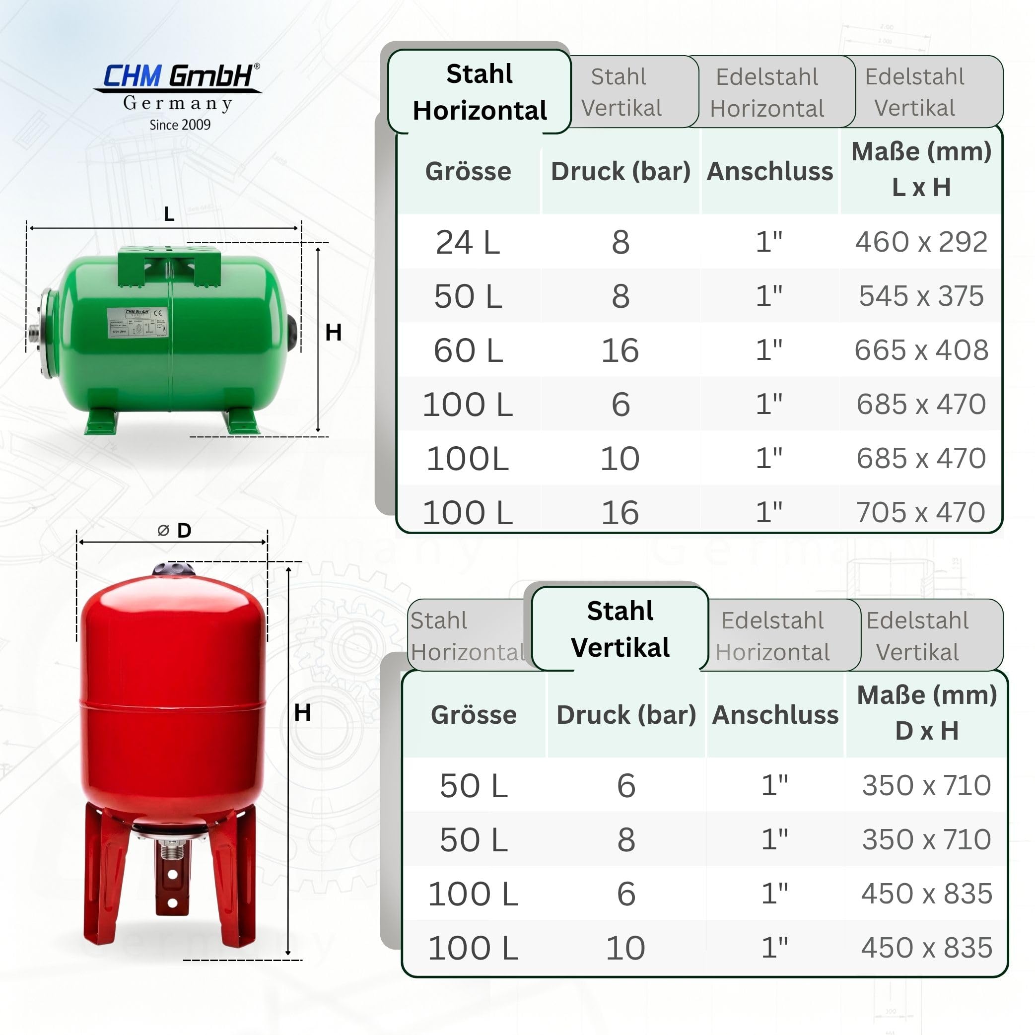 100 L Membrankessel vertikal, Stahltank, Druckkessel max.10 Bar Ausdehungsgefäß
