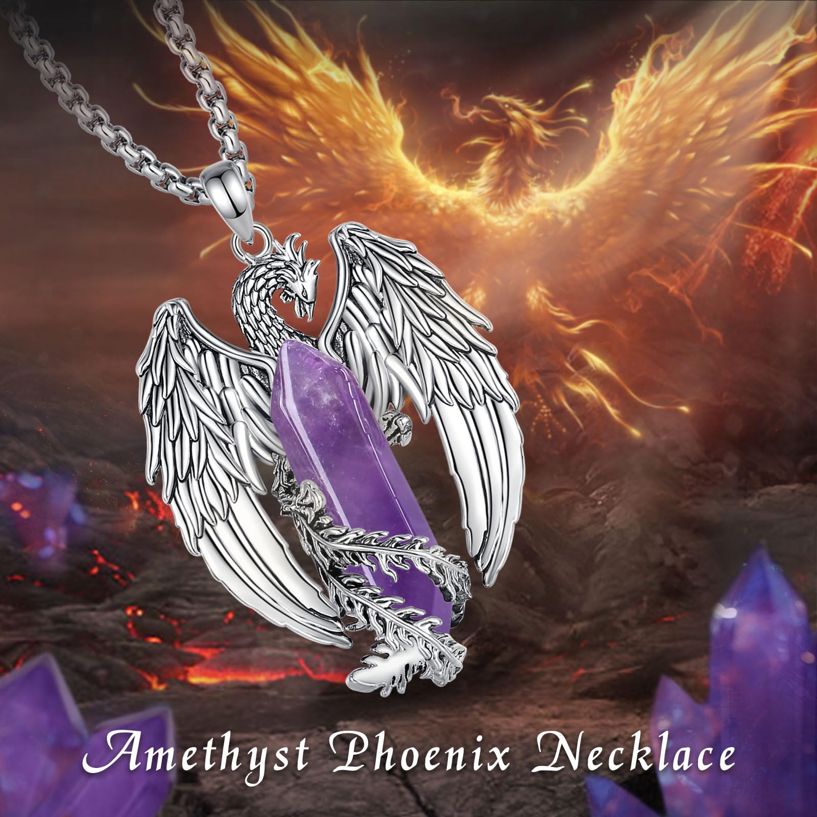 Collar Fénix con Obsidiana/Cuarzo Rosa/Turquesa Colgante Vintage Vikingo Fénix de Fuego Joyería Amuleto Cristal Collares Regalos Originales para Hombre Mujer, 20" + 2"