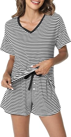 LazyCozy Striped Pajama Set for Women, Viscose Made from Bamboo, Short Sleeve Shirt with Sleep Shorts Soft PJ Set