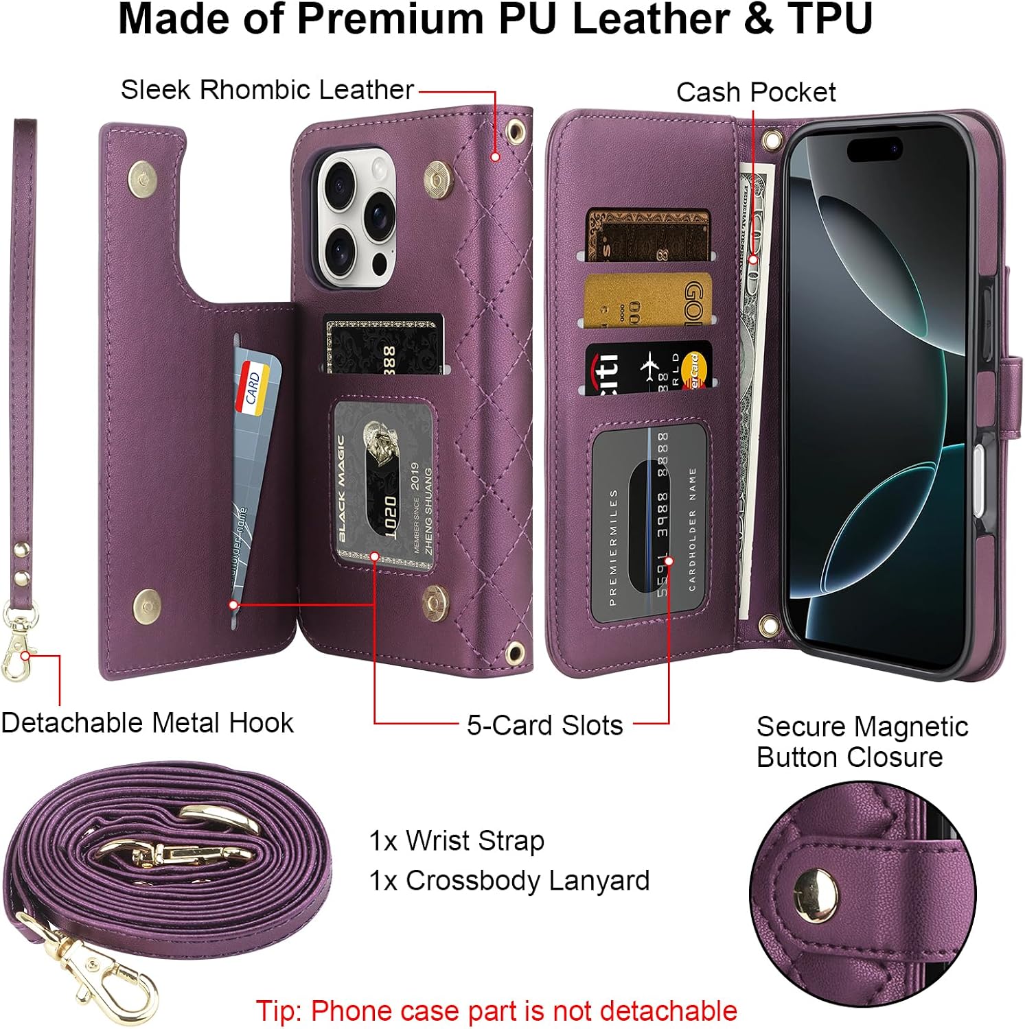 Vofolen for iPhone 16 Pro Wallet Case with Card Holder RFID Blocking Purple image 2