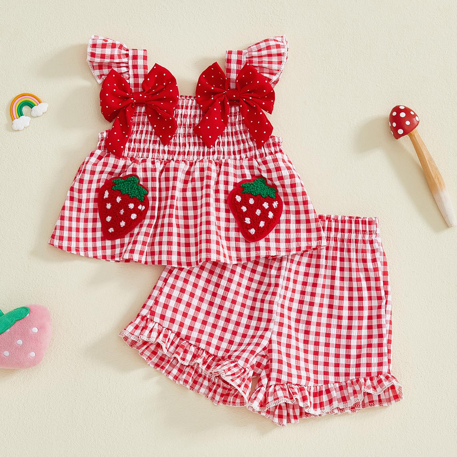 Toddler Baby Girl Summer Clothes Infant Girl Plaid Outfit Strawberry Ruffle Gingham Shirts Dress Tank Top Shorts Set — view 4