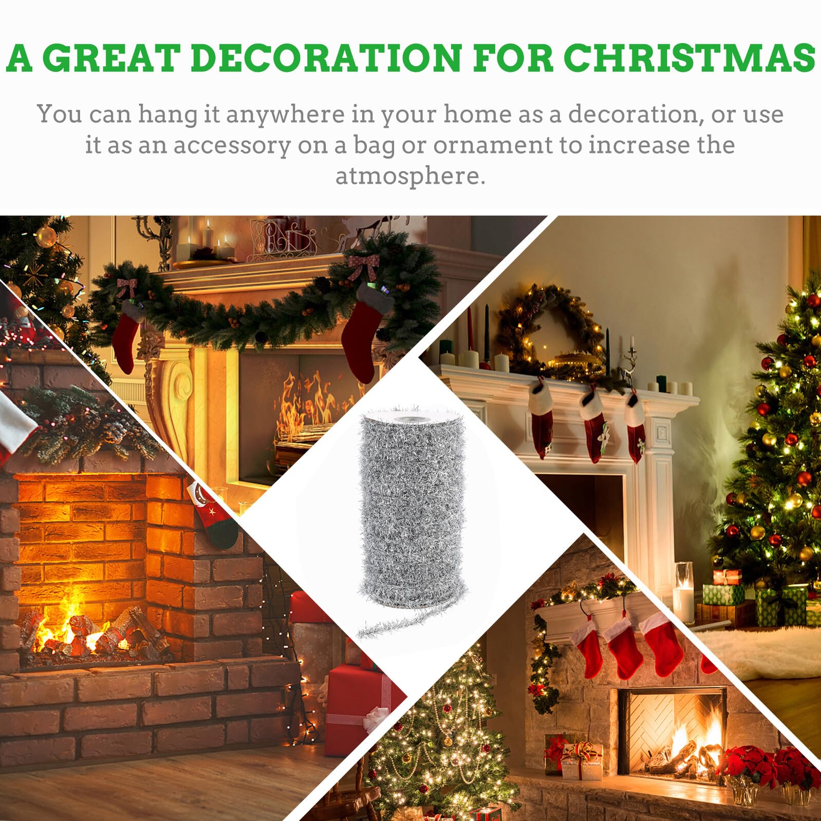 Gatuida Guirnalda de Oropel Navideño Plateado 1 Rollo de Espumillón Metálico Fino para Decoración de Árbol de Navidad Fiestas y Bodas Tira Ligera y Fácil de Colgar